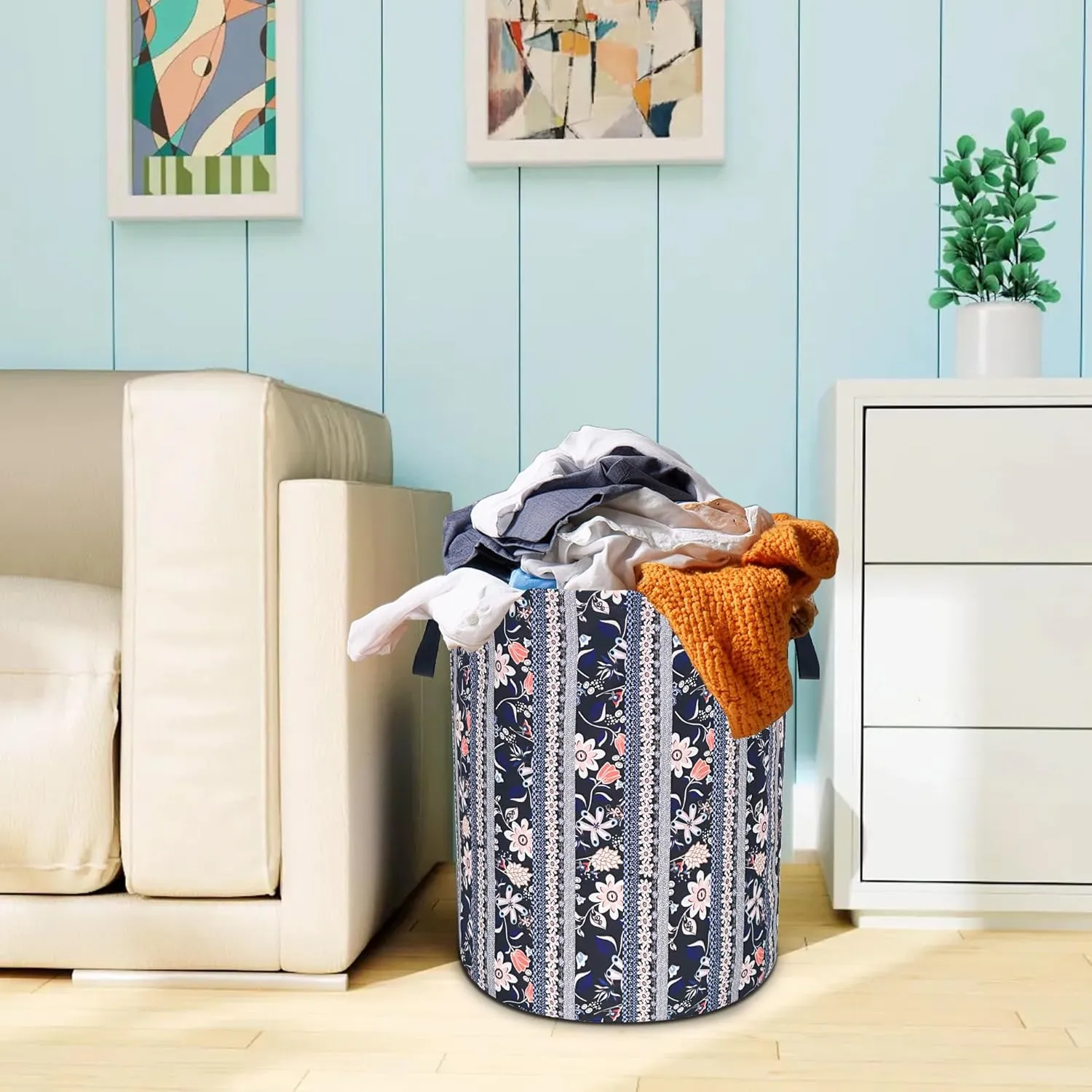 Boho Flowers Laundry Basket Floral Print Oxford Cloth Laundry Hamper With Handle Foldable Portable Clothes Storage Basket 18.9 X 16.5 Inch Storage Bag For Laundry Room/Bathroom/Bedroom/Dormitories