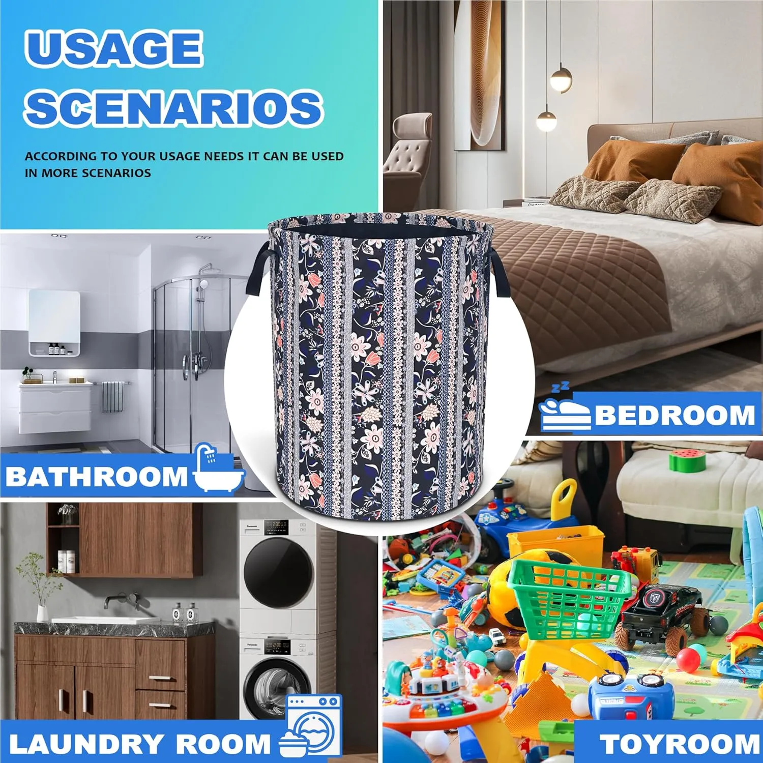 Boho Flowers Laundry Basket Floral Print Oxford Cloth Laundry Hamper With Handle Foldable Portable Clothes Storage Basket 18.9 X 16.5 Inch Storage Bag For Laundry Room/Bathroom/Bedroom/Dormitories