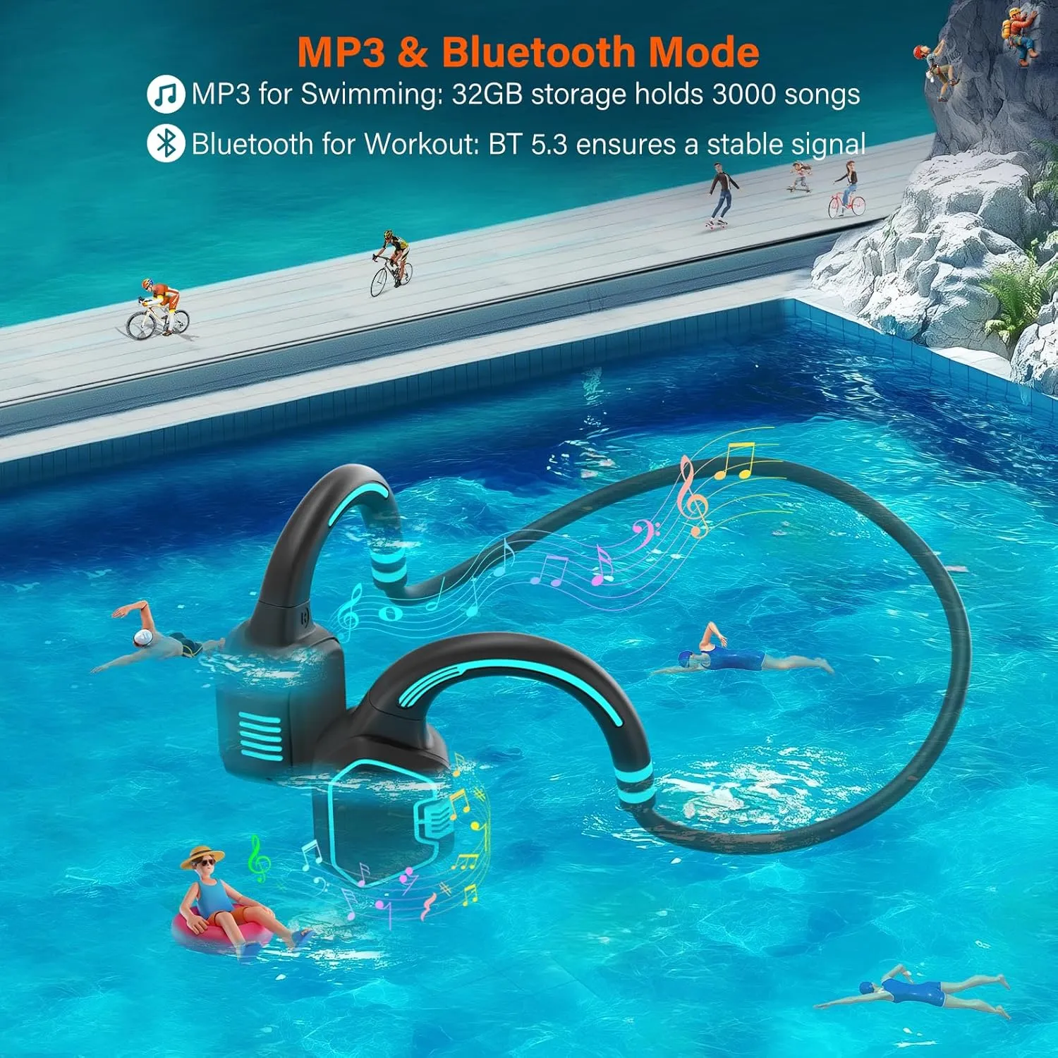 Bone Conduction Waterproof Swimming Headphones - IP68 Waterproof Swimming Headphones Inductive Open Ear Wireless Bluetooth Sports Headset with MP3 Play 32G Memory for Running Swimming (Blue)