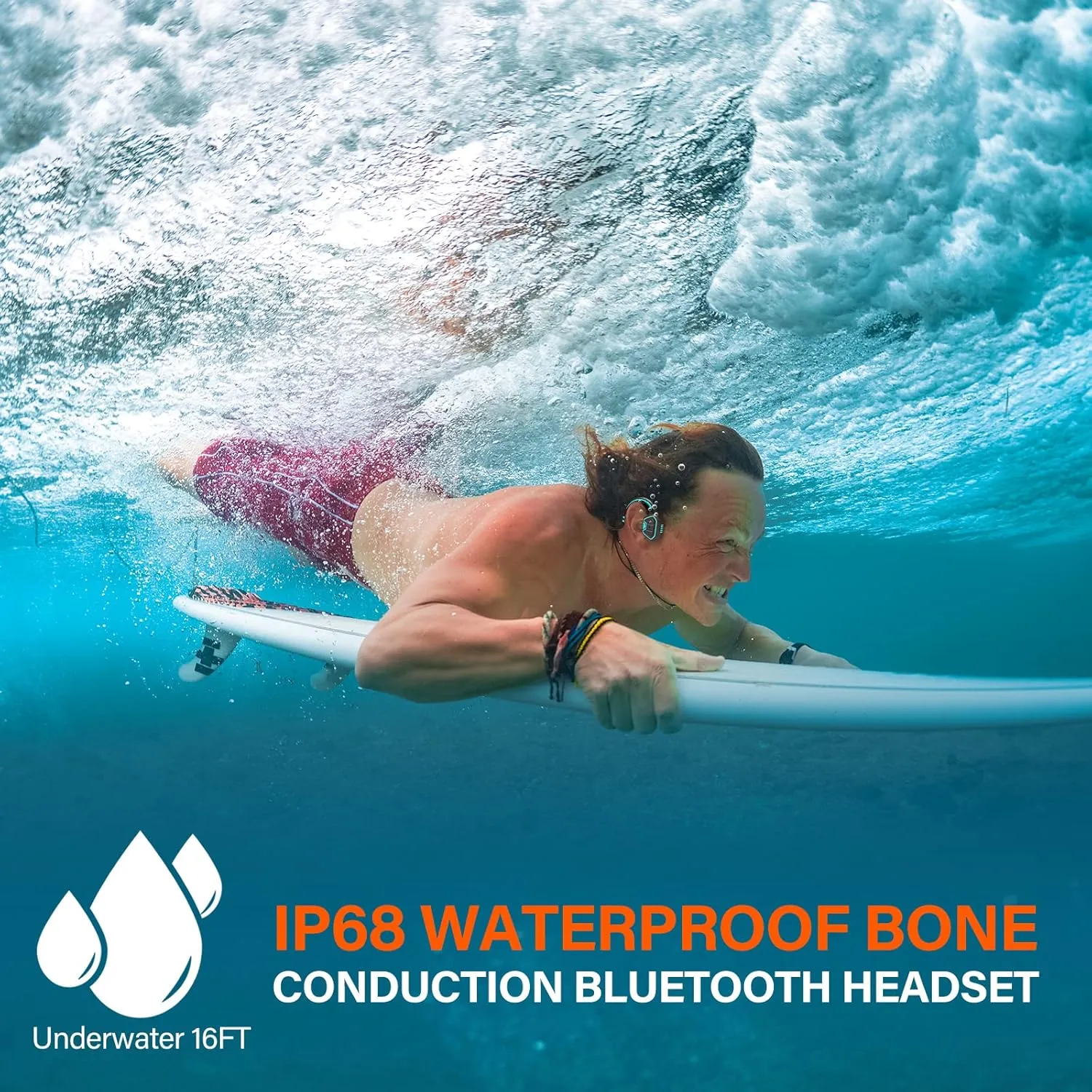 Bone Conduction Waterproof Swimming Headphones - IP68 Waterproof Swimming Headphones Inductive Open Ear Wireless Bluetooth Sports Headset with MP3 Play 32G Memory for Running Swimming (Blue)