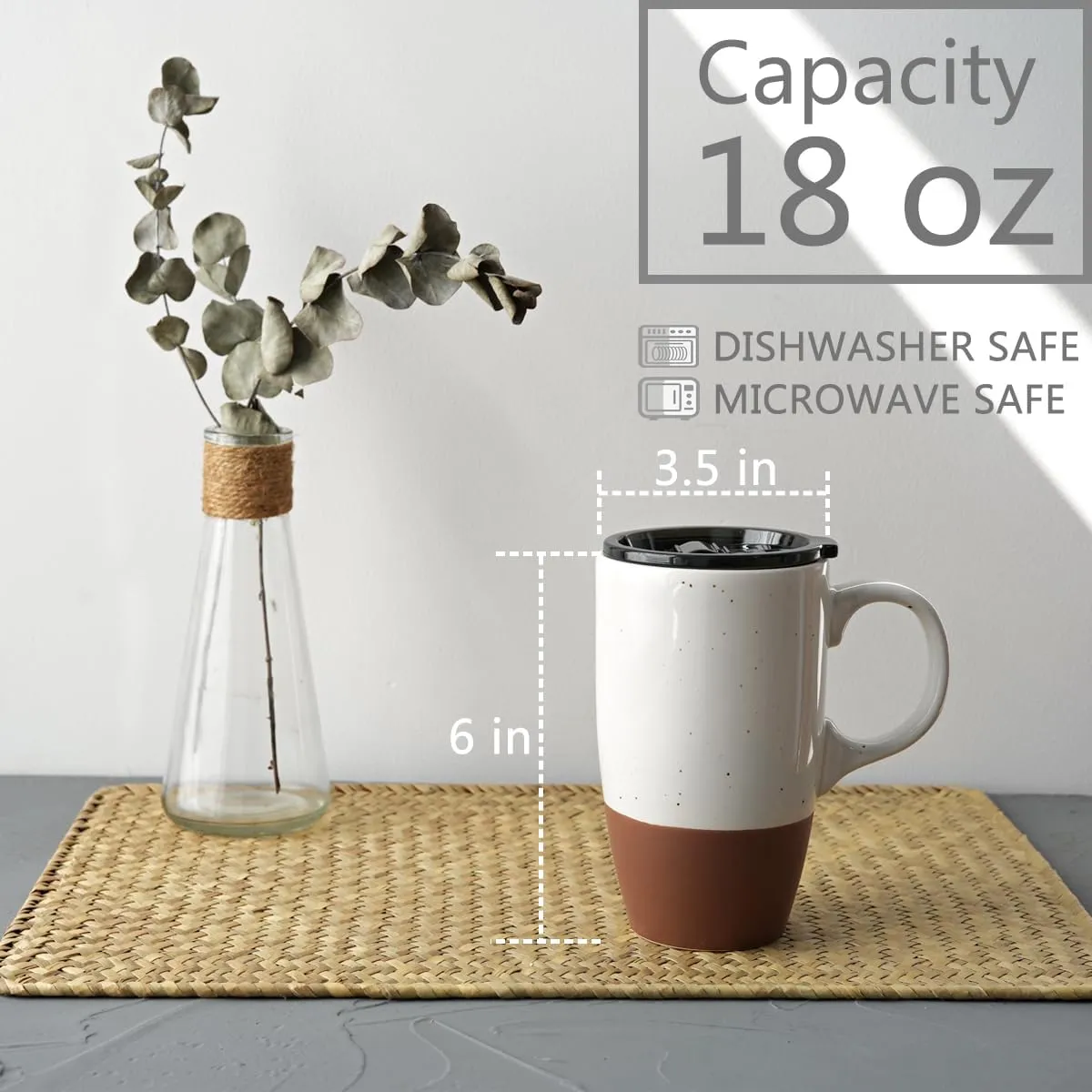 Bosmarlin Ceramic Travel Coffee Mug with Handle and Lid, 18 oz, Portable Coffee Cup for Car Cup Holder, Microwave and Dishwasher Safe (White)