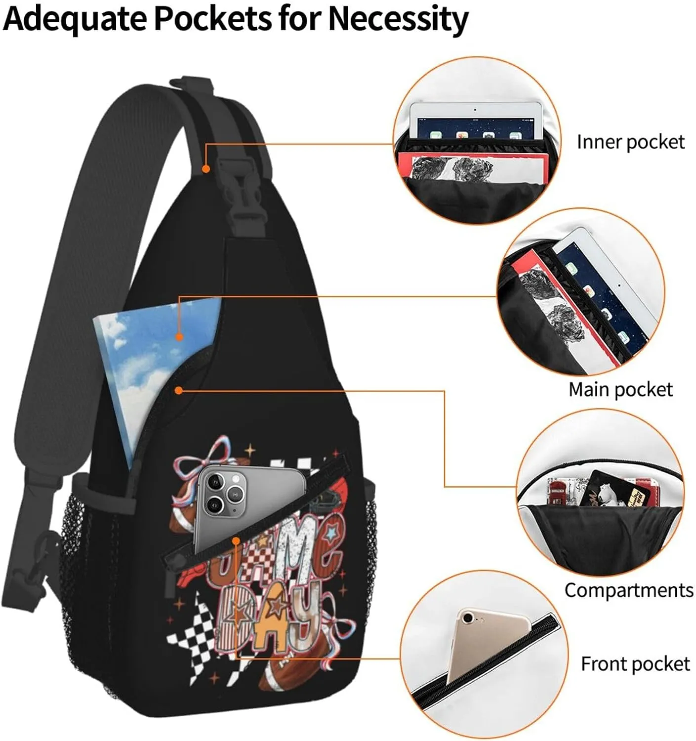 Bow Football Game Day Crossbody Bag Adjustable Sling Bag Casual Chest Bags Travel Shoulder Backpack