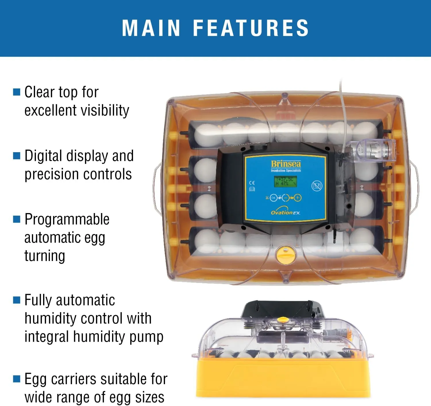 Brinsea Ovation 28 EX Egg Incubator With Automatic Humidity Control and Egg Turning for Hatching 28 Chicken, Duck, Other Bird Eggs, Precision Digital Controls, Temperature Alarms