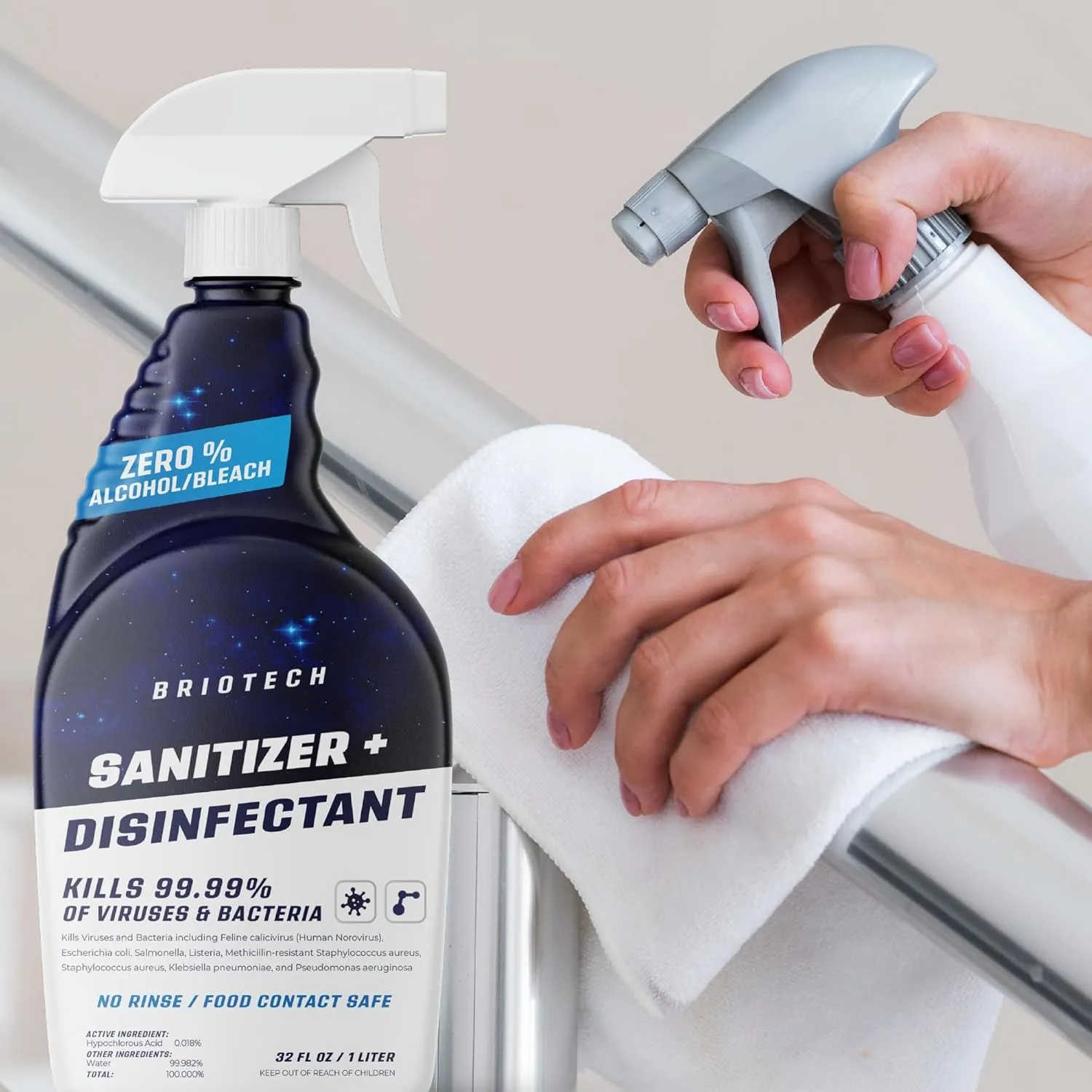 BRIOTECH Sanitizer Disinfectant Hypochlorous Spray, Kills 99.99% of Viruses & Bacteria, Eliminate Odor, Gentle for Nurseries & Play Rooms, Food Contact Surface Sanitizer, 1 Gallon Refill ea, 2 ct