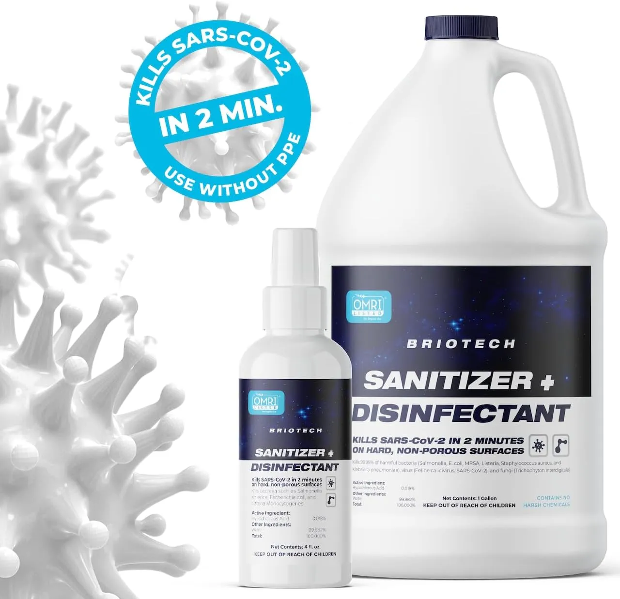BRIOTECH Sanitizer Disinfectant Hypochlorous Spray, Kills 99.99% of Viruses & Bacteria, Eliminate Odor, Gentle for Nurseries & Play Rooms, Food Contact Surface Sanitizer, 1 Gallon Refill ea, 2 ct
