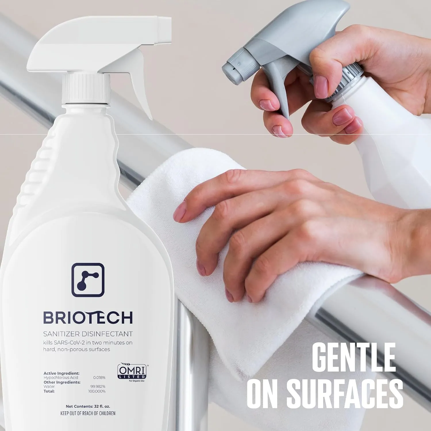 BRIOTECH Sanitizer Disinfectant Hypochlorous Spray, Kills 99.99% of Viruses & Bacteria, Eliminate Odor, Gentle for Nurseries & Play Rooms, Rinse Free Food Contact Surface Sanitizer, 1 Gal Refill