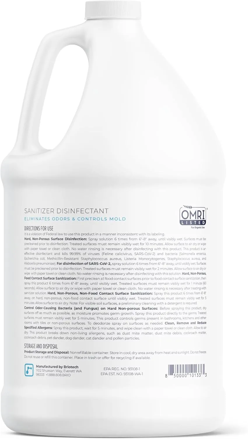 BRIOTECH Sanitizer Disinfectant Hypochlorous Spray, Kills 99.99% of Viruses & Bacteria, Eliminate Odor, Gentle for Nurseries & Play Rooms, Rinse Free Food Contact Surface Sanitizer, 1 Gal Refill