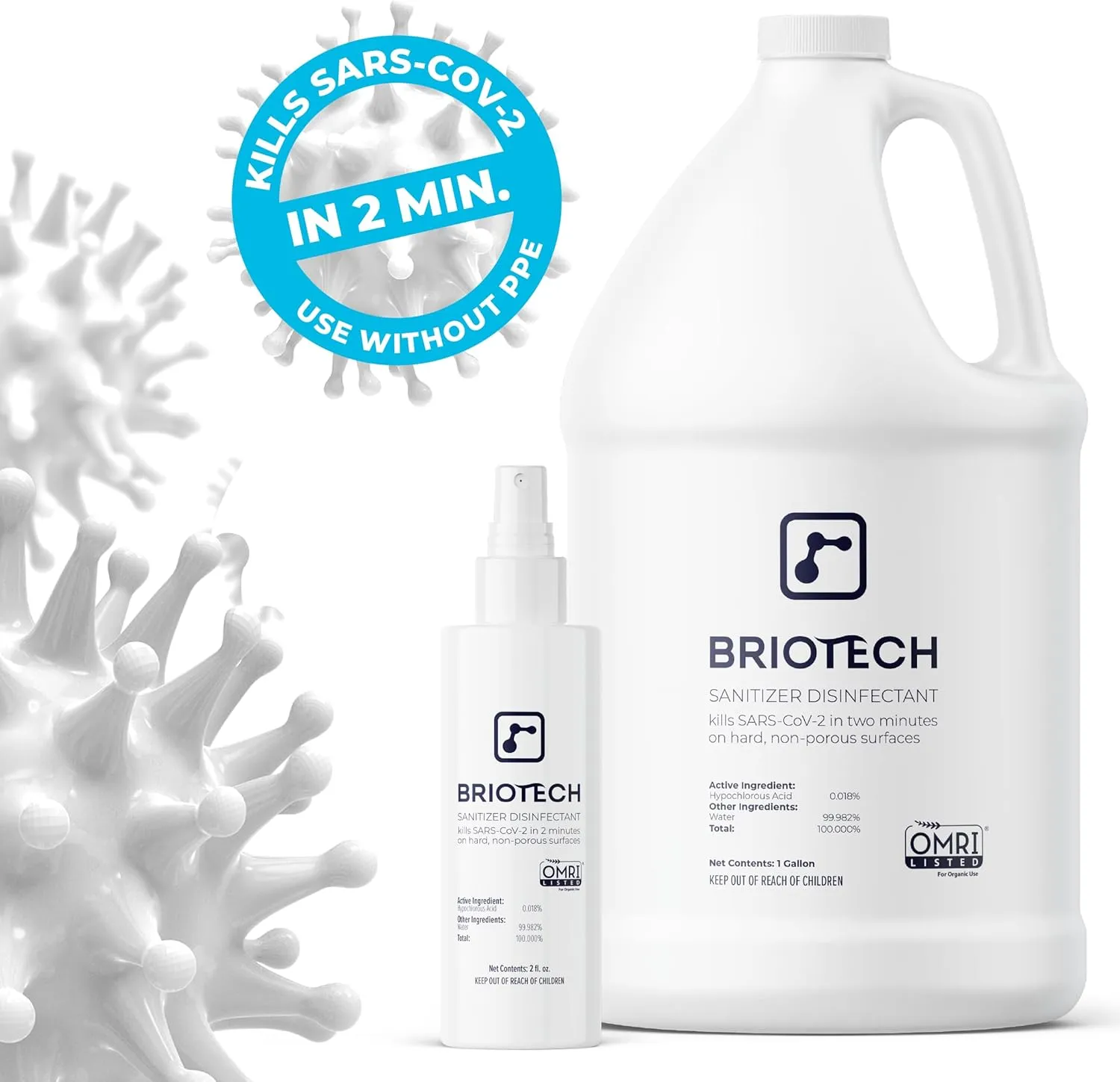 BRIOTECH Sanitizer Disinfectant Hypochlorous Spray, Kills 99.99% of Viruses & Bacteria, Eliminate Odor, Gentle for Nurseries & Play Rooms, Rinse Free Food Contact Surface Sanitizer, 1 Gal Refill