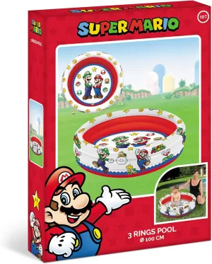Brothers Toys-Super Mario Inflatable Pool for Children 3 Rings-Diameter 100 cm-Capacity 84 Lt. -16892, Multi-Coloured