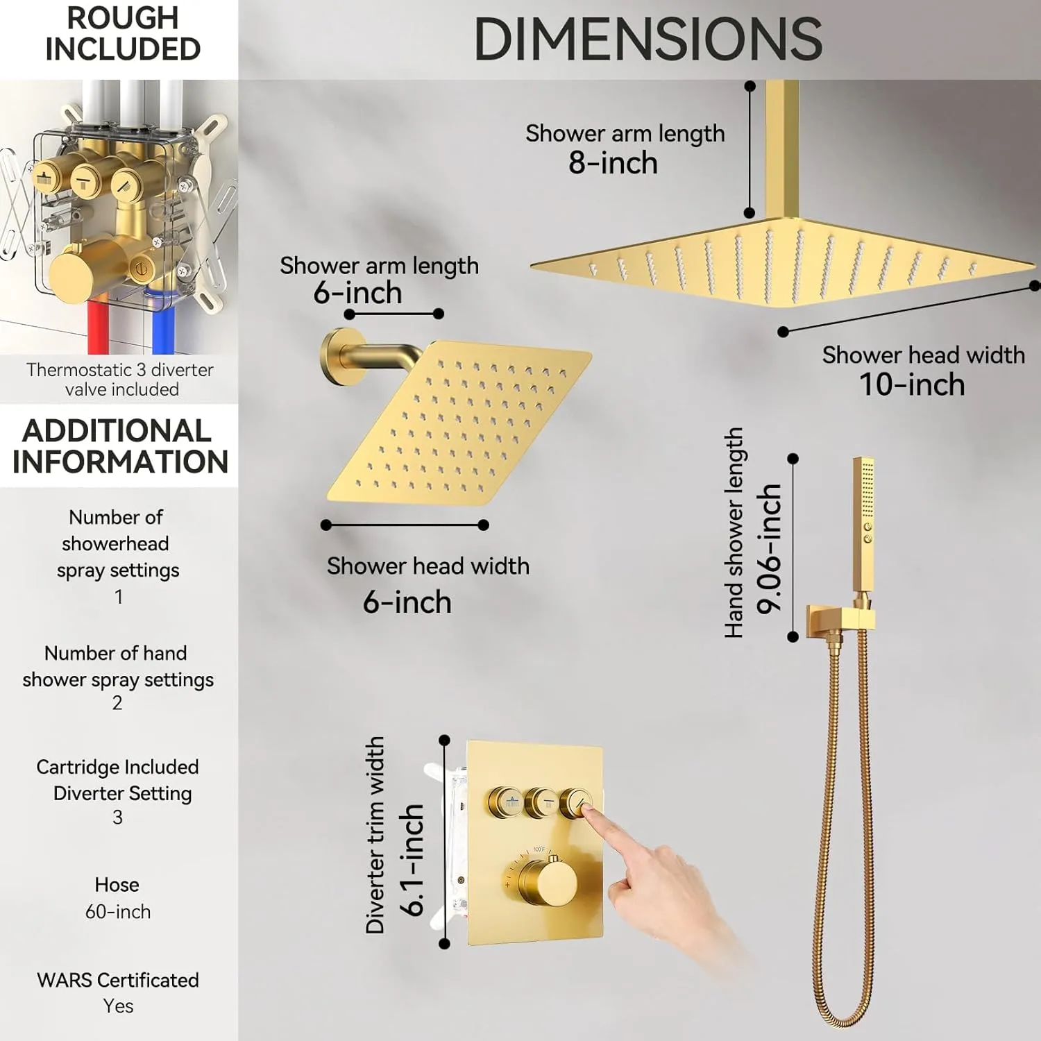Brushed Gold Shower System, STARBATH Ceiling Mounted 10 6 Inch Rainfall Shower Head with 2 in 1 High Pressure Handhled, Can Use All at Once, Push Button Diverter Thermostatic Valve with Trim Kit