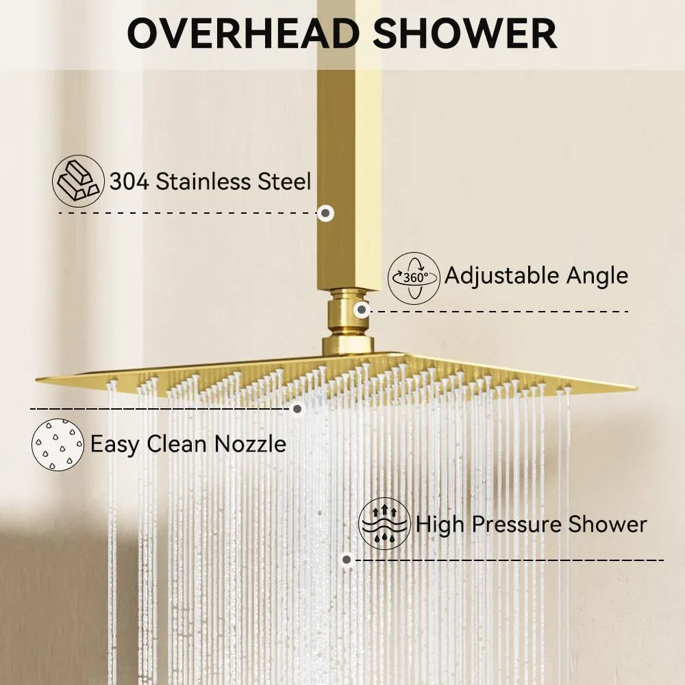 Brushed Gold Shower System, STARBATH Ceiling Mounted 10 6 Inch Rainfall Shower Head with 2 in 1 High Pressure Handhled, Can Use All at Once, Push Button Diverter Thermostatic Valve with Trim Kit