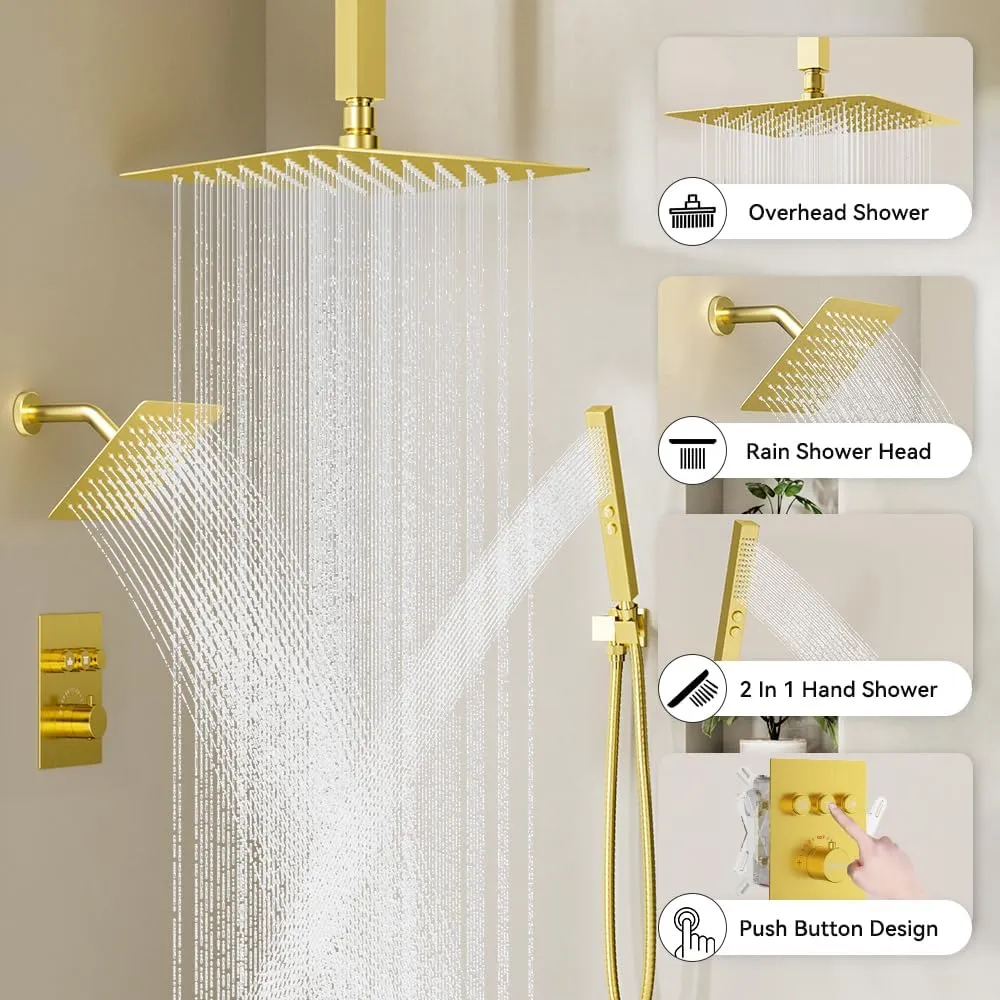 Brushed Gold Shower System, STARBATH Ceiling Mounted 10 6 Inch Rainfall Shower Head with 2 in 1 High Pressure Handhled, Can Use All at Once, Push Button Diverter Thermostatic Valve with Trim Kit
