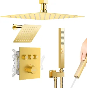 Brushed Gold Shower System, STARBATH Ceiling Mounted 10 6 Inch Rainfall Shower Head with 2 in 1 High Pressure Handhled, Can Use All at Once, Push Button Diverter Thermostatic Valve with Trim Kit