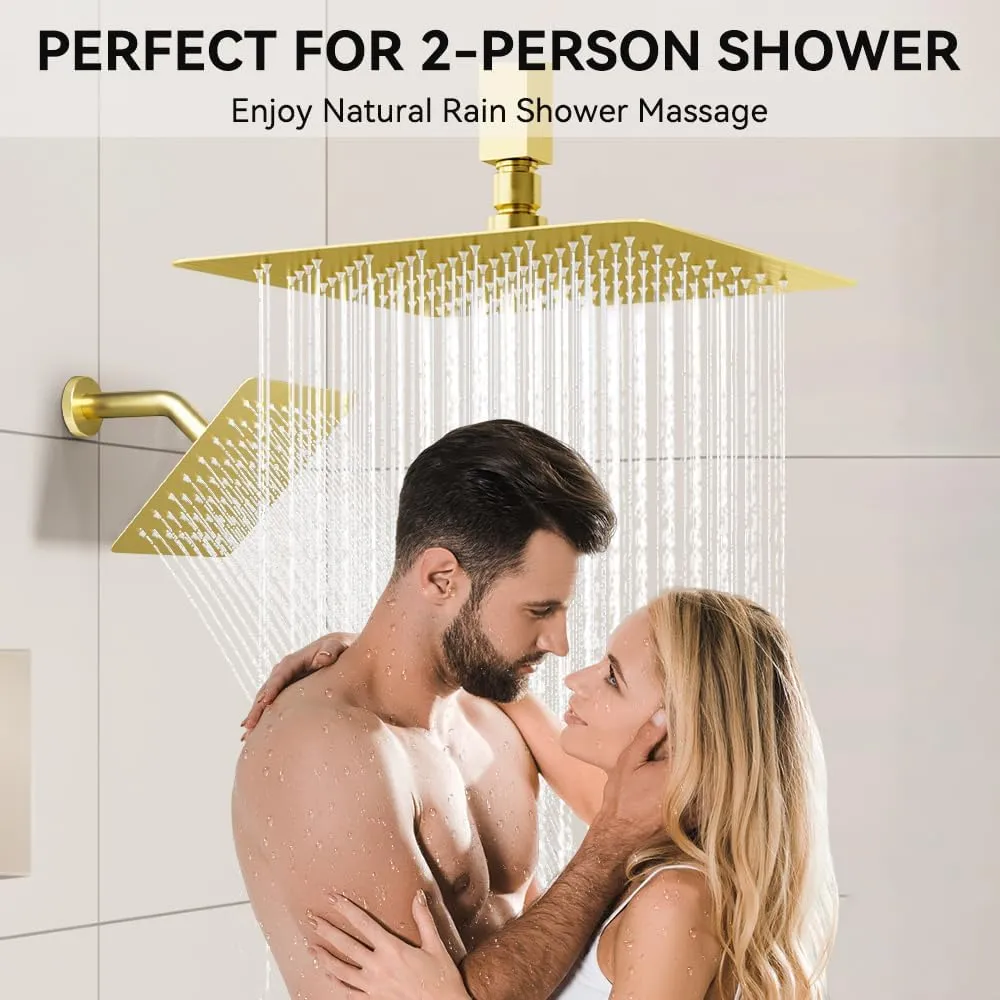 Brushed Gold Shower System, STARBATH Ceiling Mounted 10 6 Inch Rainfall Shower Head with 2 in 1 High Pressure Handhled, Can Use All at Once, Push Button Diverter Thermostatic Valve with Trim Kit