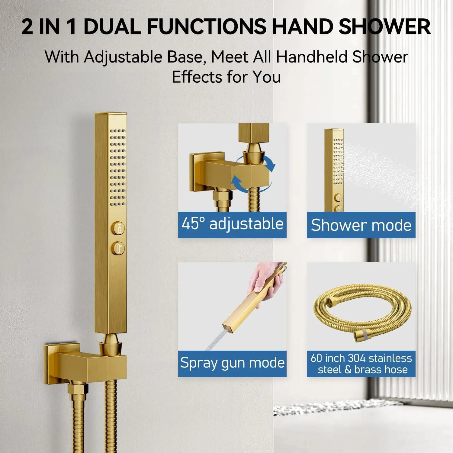 Brushed Gold Shower System, STARBATH Ceiling Mounted 10 6 Inch Rainfall Shower Head with 2 in 1 High Pressure Handhled, Can Use All at Once, Push Button Diverter Thermostatic Valve with Trim Kit