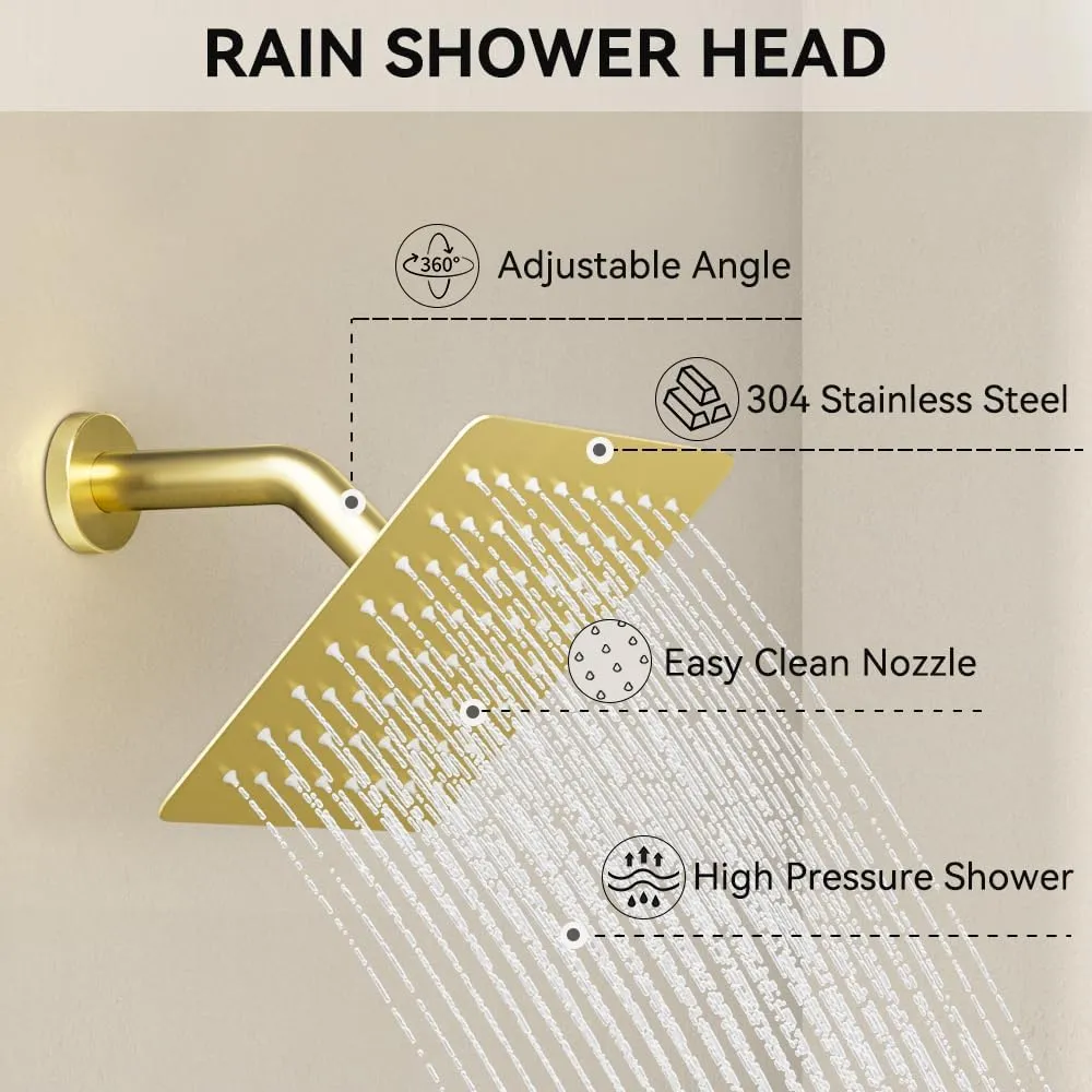 Brushed Gold Shower System, STARBATH Ceiling Mounted 10 6 Inch Rainfall Shower Head with 2 in 1 High Pressure Handhled, Can Use All at Once, Push Button Diverter Thermostatic Valve with Trim Kit