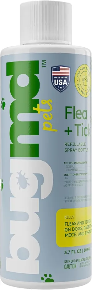 BugMD Flea and Tick Concentrate (3.7 oz) - Essential Oil-Powered Formula, Controls Fleas, Ticks, Mites in Dogs and Other Furred Animals, Spray on Pet Beds, Kennels