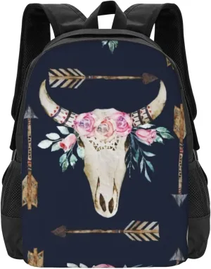 Bull Skull-Boho Arrow-Bohemian Wild Animal Skeleton Lightweight Packable Backpack Travel Casual Large Capacity Daypack Foldable Backpack For Men Women