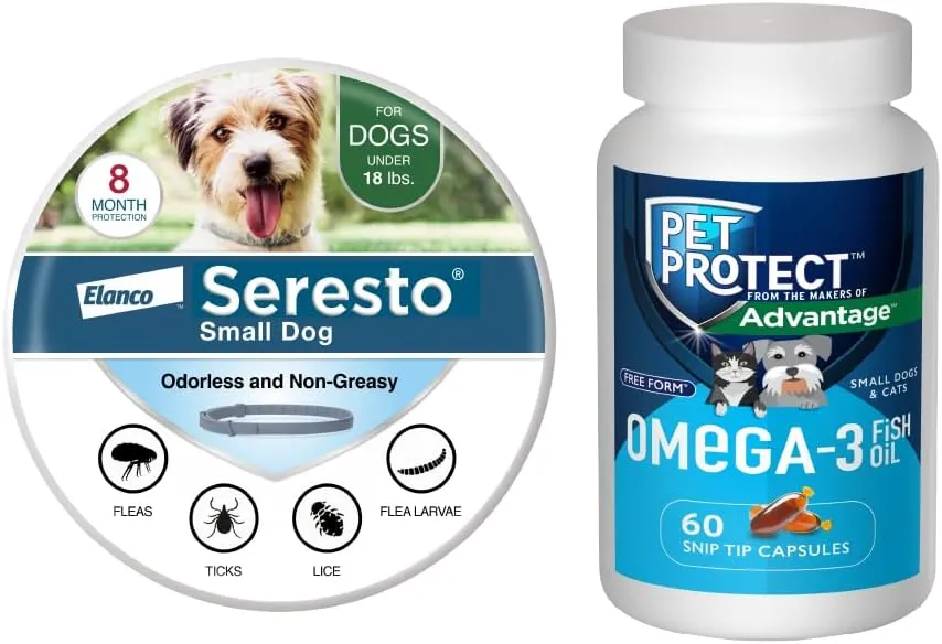 Bundle of Seresto Small Dog Collar for Dogs Under 18 lbs.   Pet Protect Omega 3 Supplement for Small Dogs & Cats | 60 Capsules