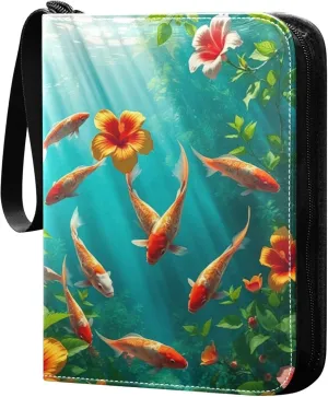 Burbuja Fish Swimming Hibiscus Card Binder, 4 Pockets Trading Card Binder, Portable Card Albums Fits 400 Cards with 50 Removable Sleeves for Sport Cards Game Cards