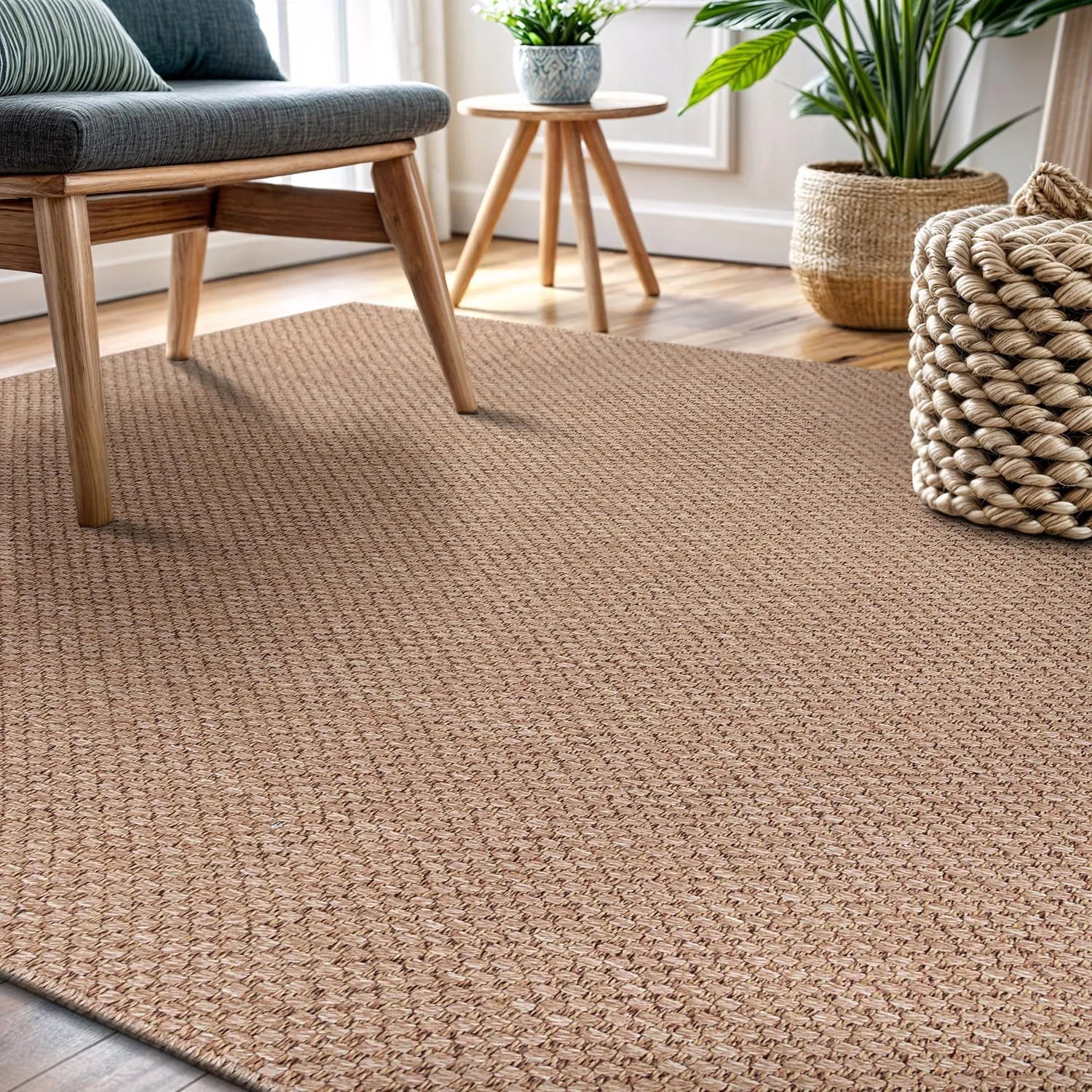 CAMILSON Easy Jute Rug 5x7, Indoor Outdoor Natural Color Farmhouse Area Rugs for Living Room Patio and Kitchen Rug, Solid Boho Woven Design, Easy-Cleaning, Washable Outside Carpet Alfombras (5 x 7)