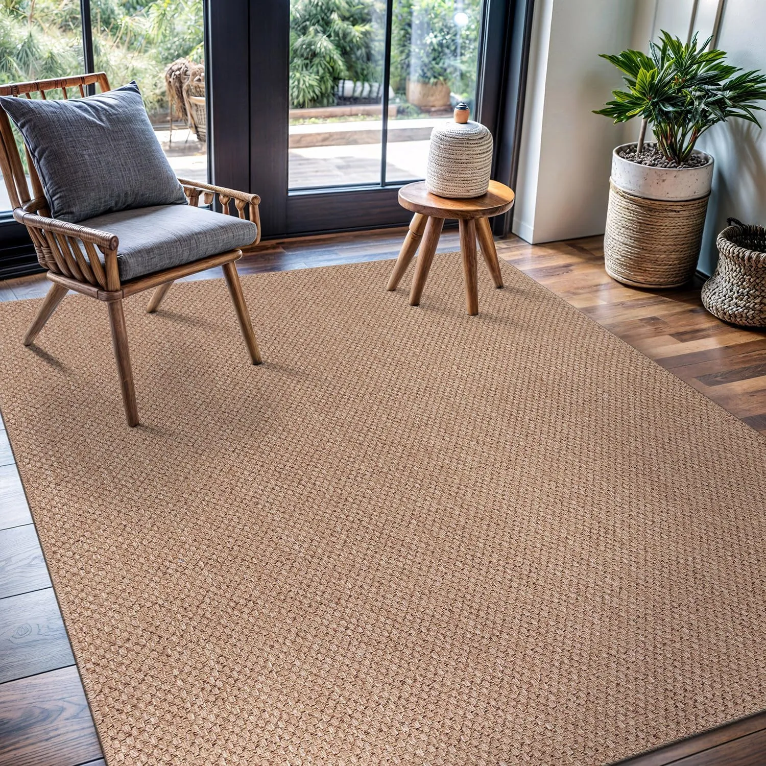CAMILSON Easy Jute Rug 5x7, Indoor Outdoor Natural Color Farmhouse Area Rugs for Living Room Patio and Kitchen Rug, Solid Boho Woven Design, Easy-Cleaning, Washable Outside Carpet Alfombras (5 x 7)