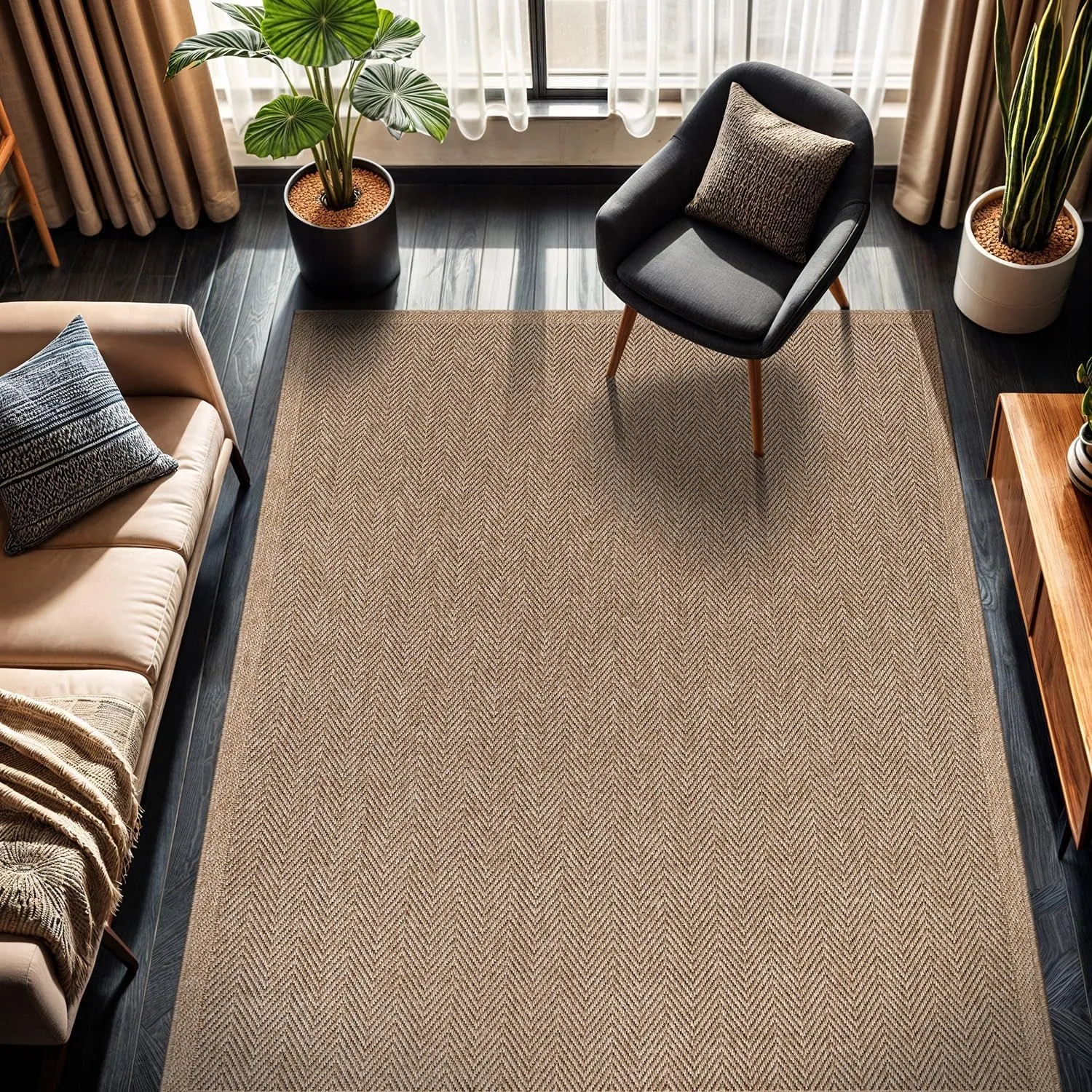 CAMILSON Easy Jute Rug 6x9, Indoor Outdoor Natural Color Fiber Area Rugs for Living Room Patio and Bedroom Rug Herringbone Seagrass Woven Design Easy-Cleaning, Washable Outside Carpet Alfombras 6 x 9