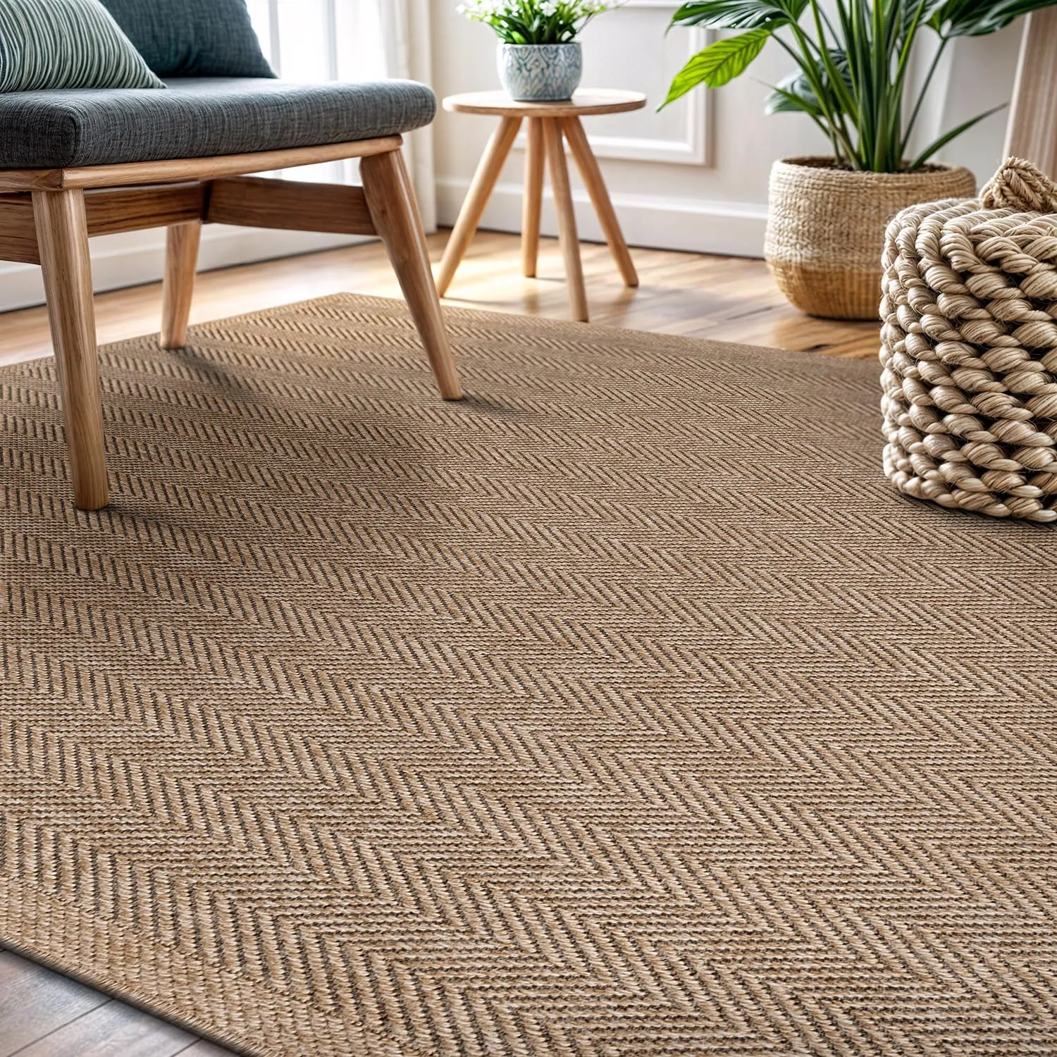 CAMILSON Easy Jute Rug 6x9, Indoor Outdoor Natural Color Fiber Area Rugs for Living Room Patio and Bedroom Rug Herringbone Seagrass Woven Design Easy-Cleaning, Washable Outside Carpet Alfombras 6 x 9