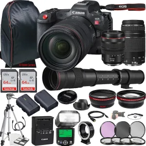 Canon EOS R5 C Mirrorless Cinema Camera w/RF 24-105mm f/4 L is USM Lens   EF 75-300mm f/4-5.6 III Lens   420-800mm f/8.3 HD Lens   2X 64GB Memory   Filters   TTL Flash   More (35pc Bundle) (Renewed)