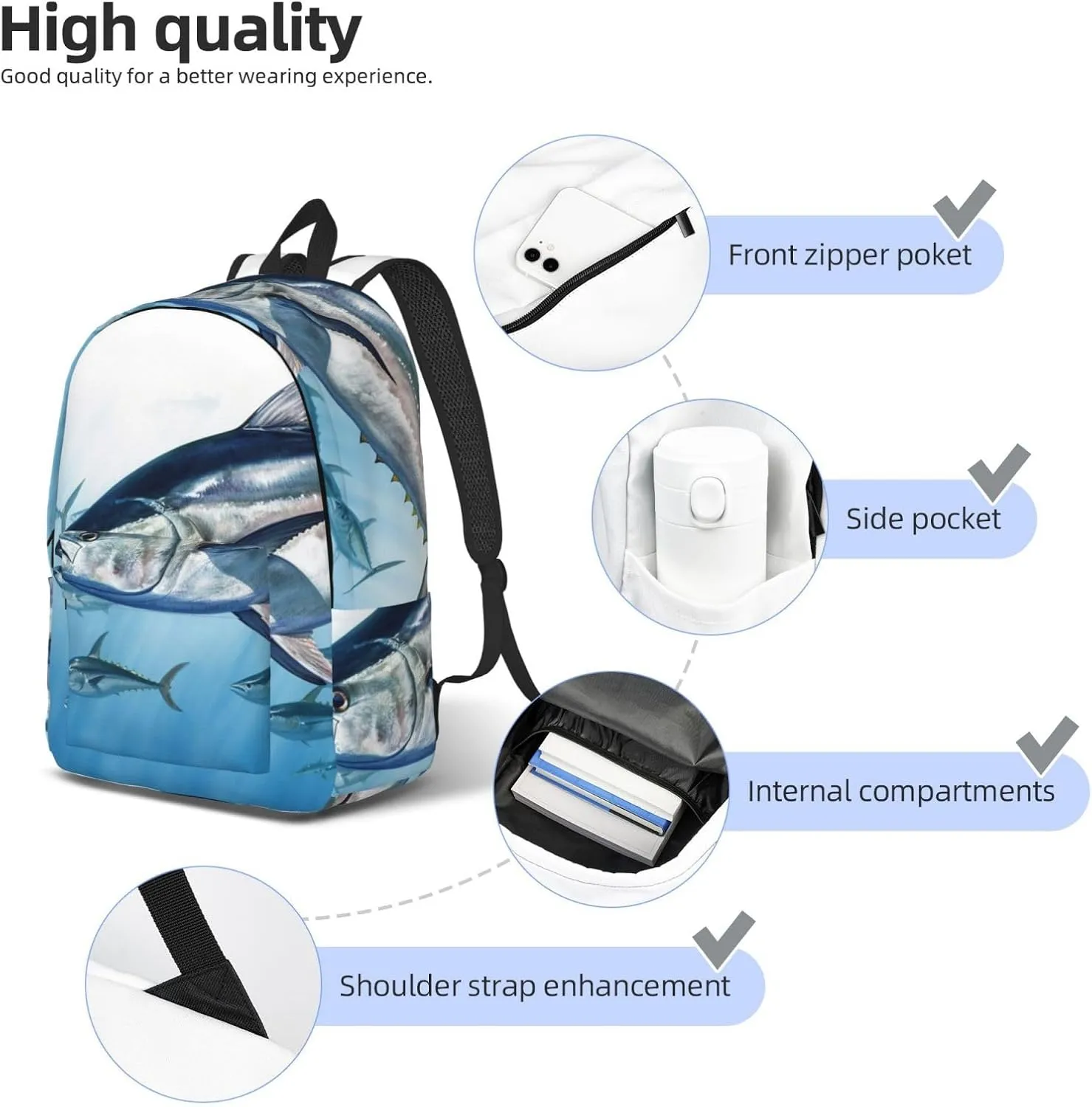 Canvas Backpack Bluefin Tuna Thunnus Travel Laptop Backpack Casual Daypack Carry On Rucksack for Men Women Medium