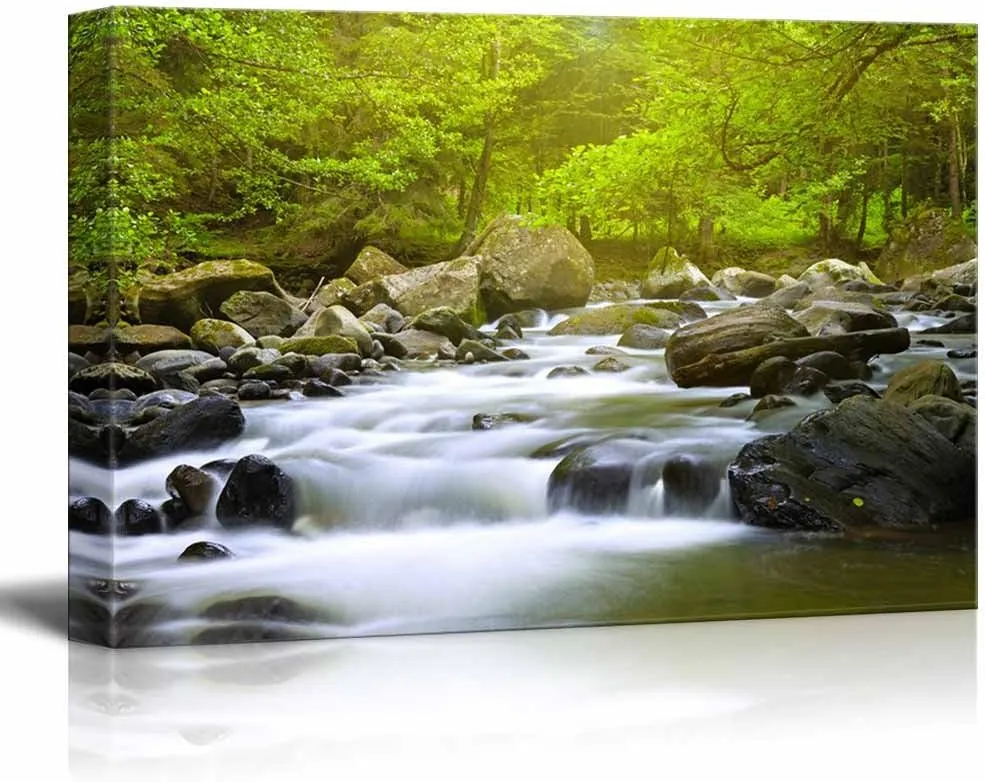 Canvas Prints Wall Art - Mountain River in The Wood | Modern Home Deoration/Wall Art Giclee Printing Wrapped Canvas Art Ready to Hang - 16" x 24"