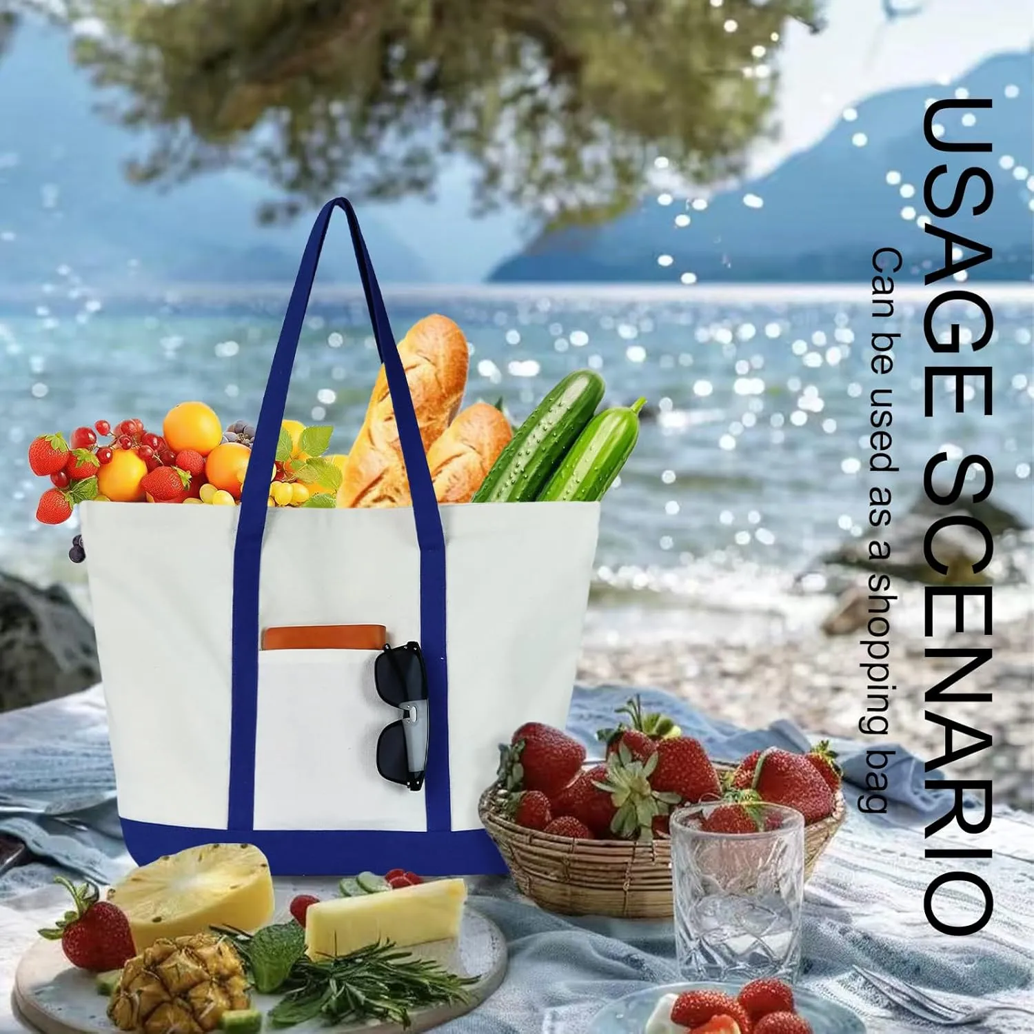 Canvas Tote Bag with External Pocket Extra Large Canvas Tote Bag Heavy Duty Grocery Shopping Bags Weekender Bag