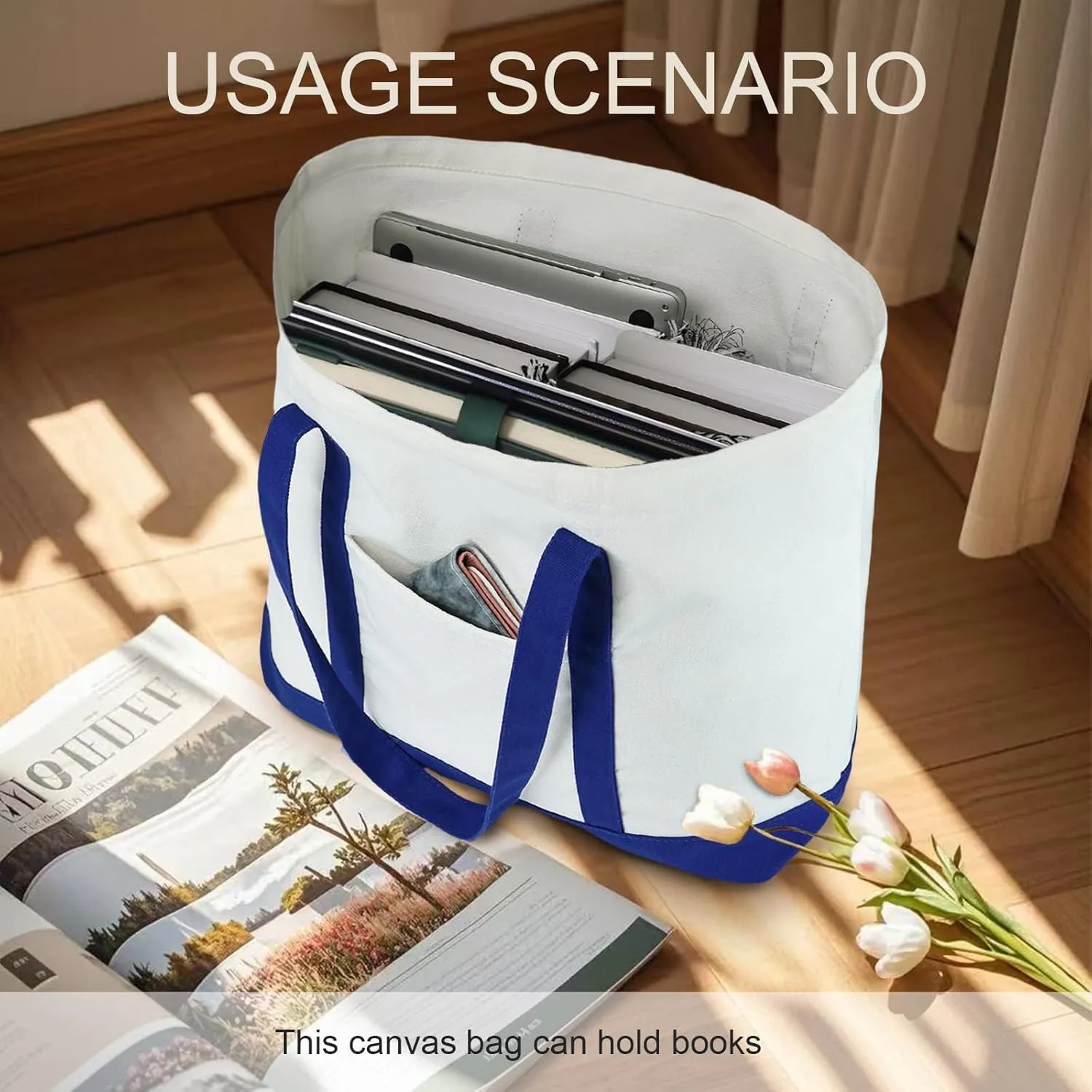 Canvas Tote Bag with External Pocket Extra Large Canvas Tote Bag Heavy Duty Grocery Shopping Bags Weekender Bag