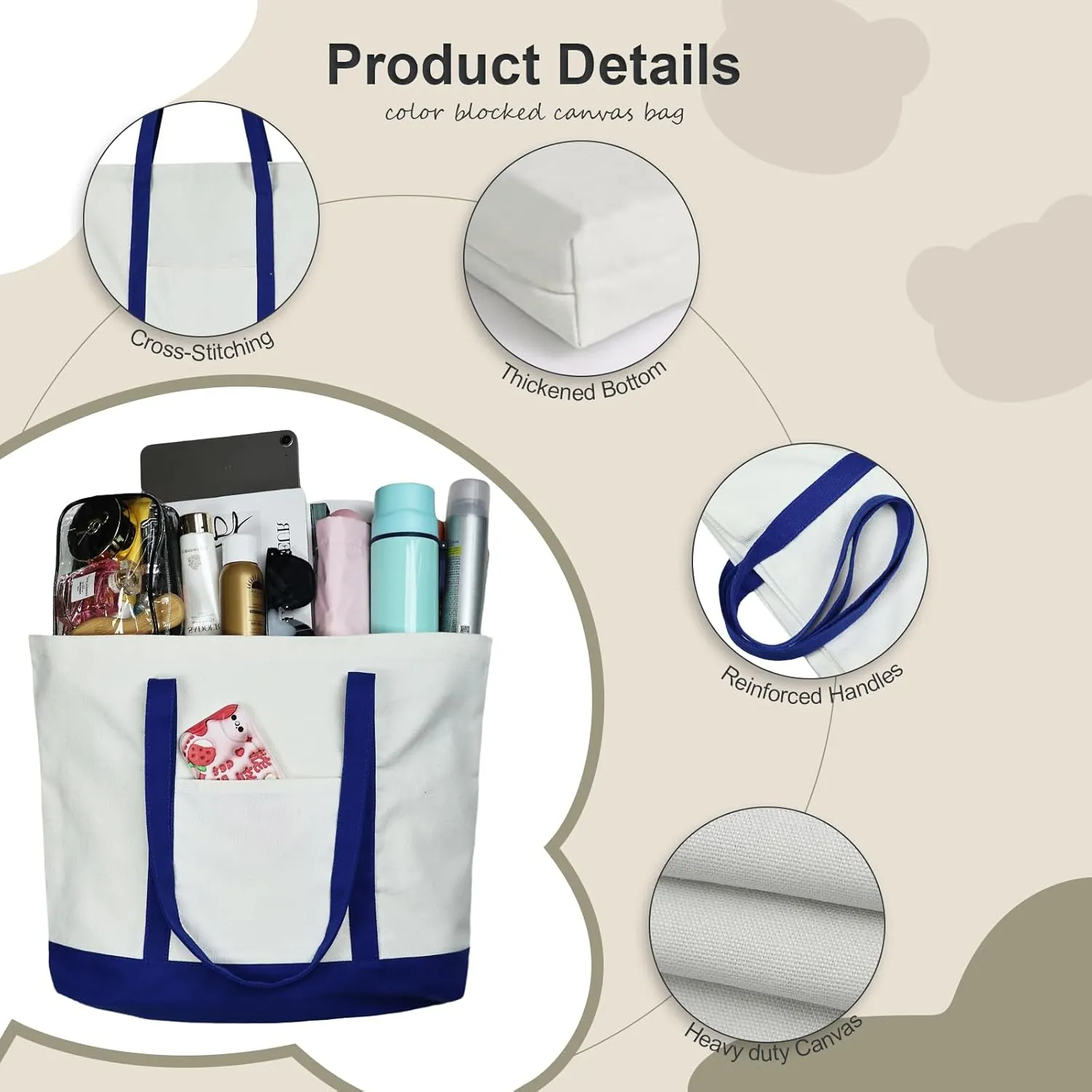 Canvas Tote Bag with External Pocket Extra Large Canvas Tote Bag Heavy Duty Grocery Shopping Bags Weekender Bag