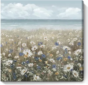 Canvas Wall Art Beach Floral Wall Picture Coastal Boho Farmhouse Daisy Flowers Nautical Sea Ocean Wildflowers Canvas Print Vintage Artwork for Small Rustic Bathroom Bedroom Living Room Office Decor