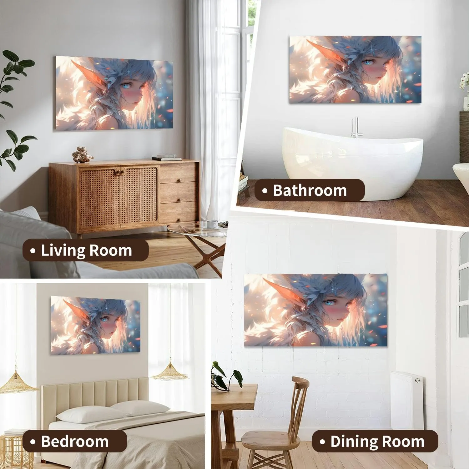 Canvas Wall Art for Living Room Bedroom cute and beautiful female elf catlike ears Japanese Anime Style Big Large Wall Art Decor Framed Painting Wall Pictures Prints Artwork Office