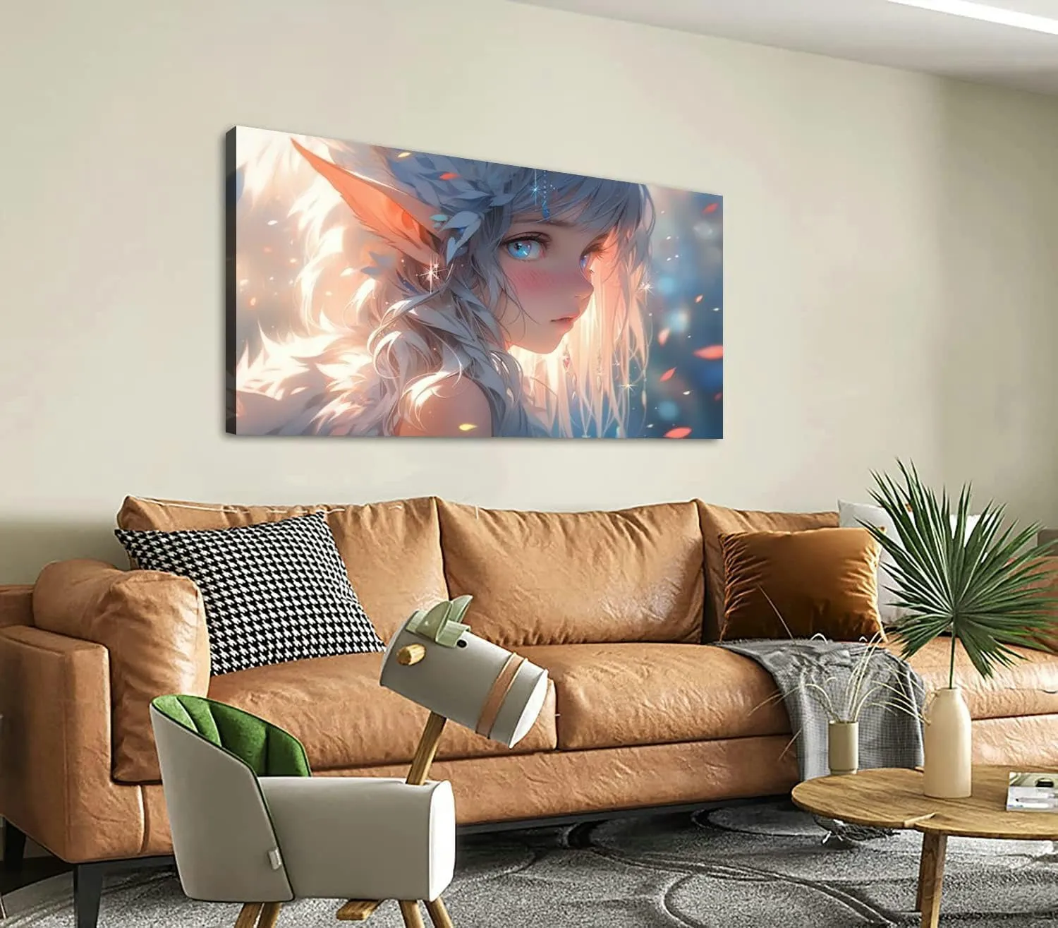 Canvas Wall Art for Living Room Bedroom cute and beautiful female elf catlike ears Japanese Anime Style Big Large Wall Art Decor Framed Painting Wall Pictures Prints Artwork Office