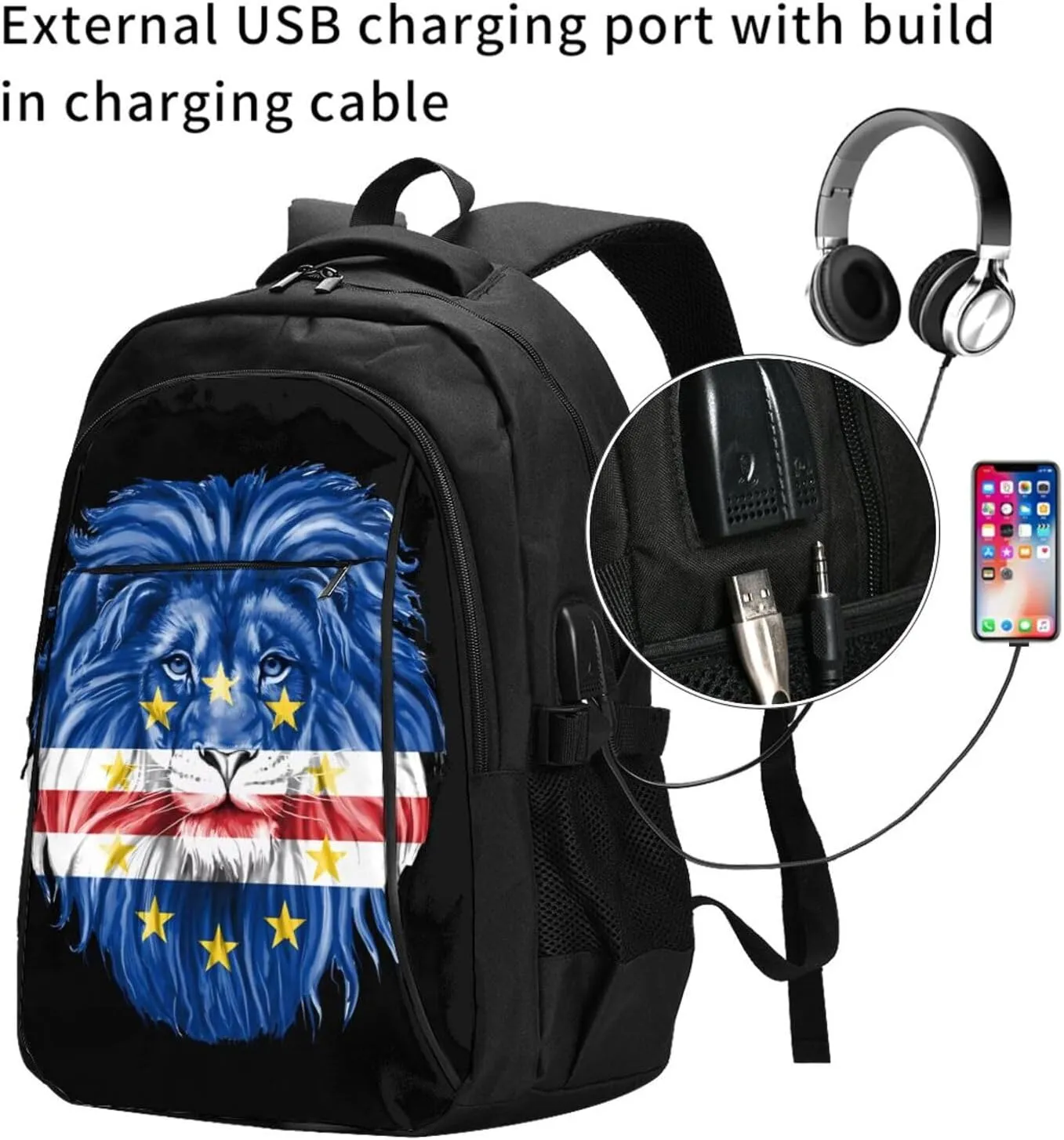 Cape Verde Lion Flag Travel Backpacks Casual Backpack Large Capacity Laptop Rucksack Luggage Daypacks with USB Charging Port Multi-Pockets Bags for Hiking