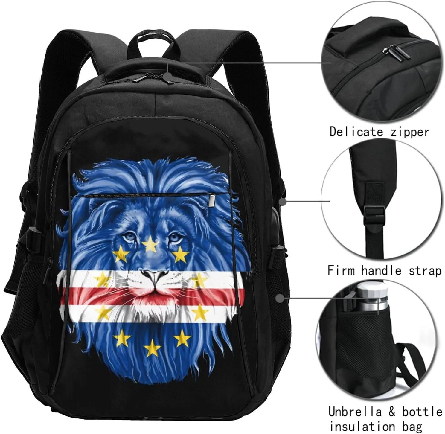 Cape Verde Lion Flag Travel Backpacks Casual Backpack Large Capacity Laptop Rucksack Luggage Daypacks with USB Charging Port Multi-Pockets Bags for Hiking