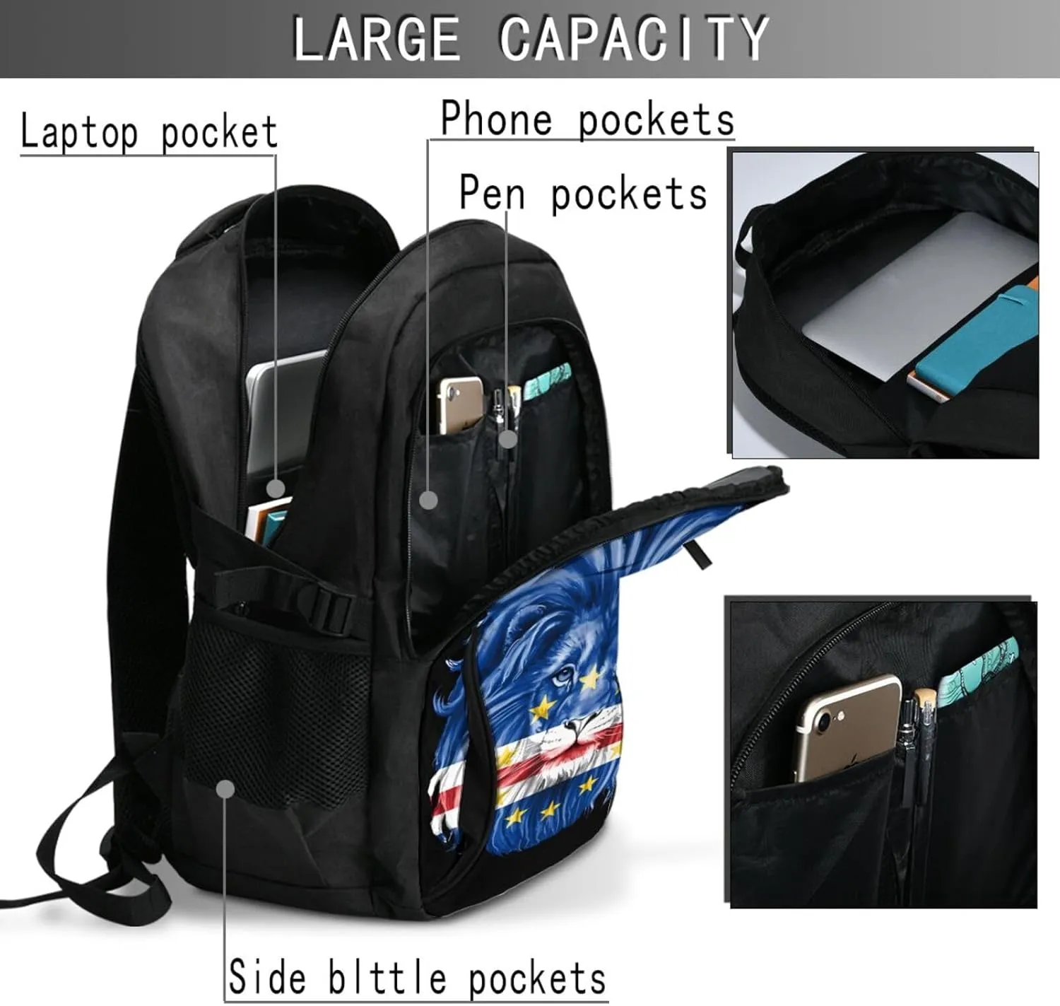 Cape Verde Lion Flag Travel Backpacks Casual Backpack Large Capacity Laptop Rucksack Luggage Daypacks with USB Charging Port Multi-Pockets Bags for Hiking