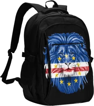 Cape Verde Lion Flag Travel Backpacks Casual Backpack Large Capacity Laptop Rucksack Luggage Daypacks with USB Charging Port Multi-Pockets Bags for Hiking