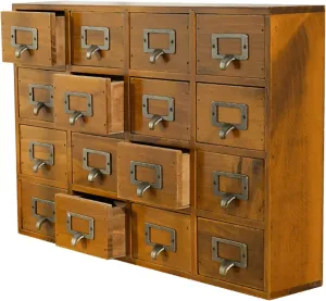 Card Catalog Desk Drawer Organizer - Wooden Storage Box with 16 Drawers - Home Office Desk Organizer Curio Cabinet - Rustic Drawers Dressers for Countertop- Apothecary Cabinet Tea Coffee Pod Storage