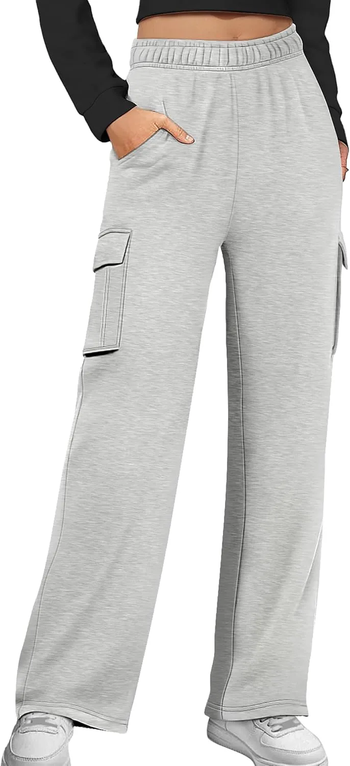 Cargo Sweatpants for Women Fleece Jogger Pants Casual Baggy Trousers Athletic Long Sweat Pants with Pockets Trendy