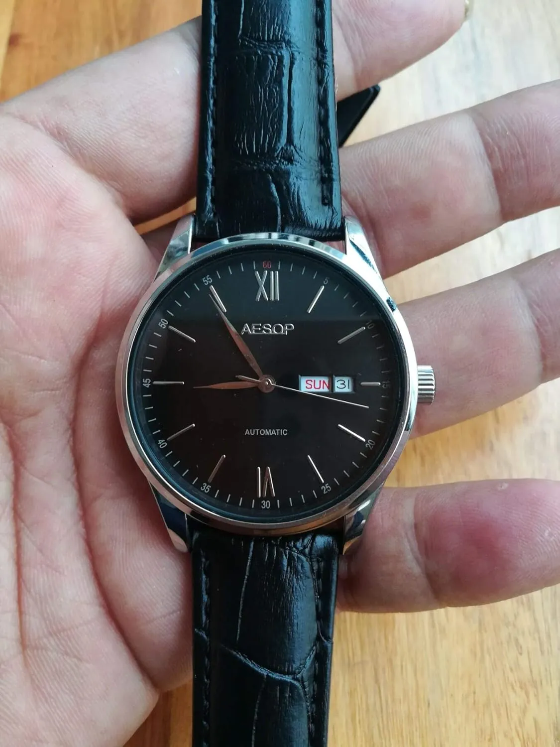 Carlien Men Simple Automatic Mechanical Watch Ultra Thin Case Wristwatch with Week & Date Window Aesop