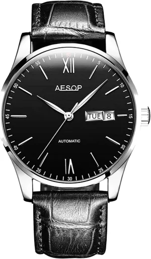 Carlien Men Simple Automatic Mechanical Watch Ultra Thin Case Wristwatch with Week & Date Window Aesop