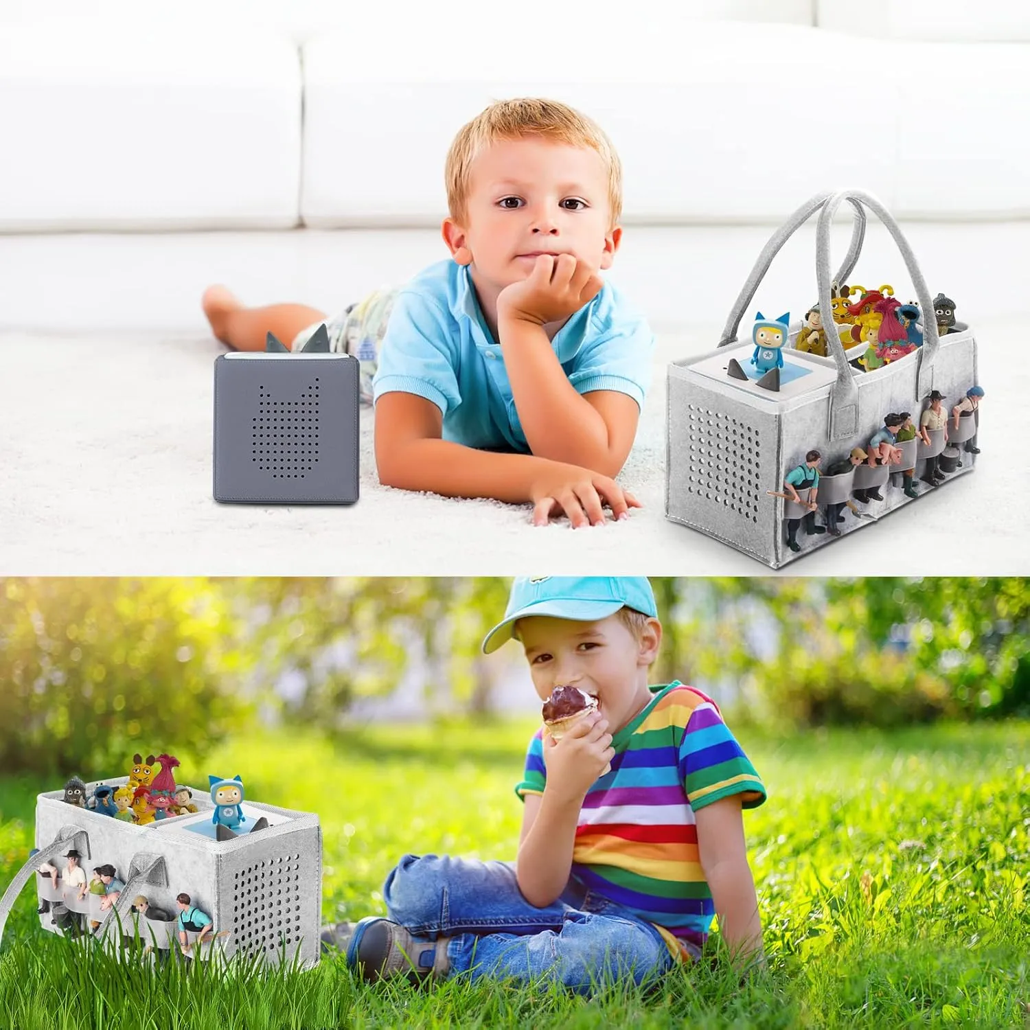 Carrying Bag Case for Toniebox Starter Set and Tonies Figurines, Home Outdoor Hand Storage Travel Felt Bag for Toniebox Accessories Protective Cover Organiser (Gray Gray)