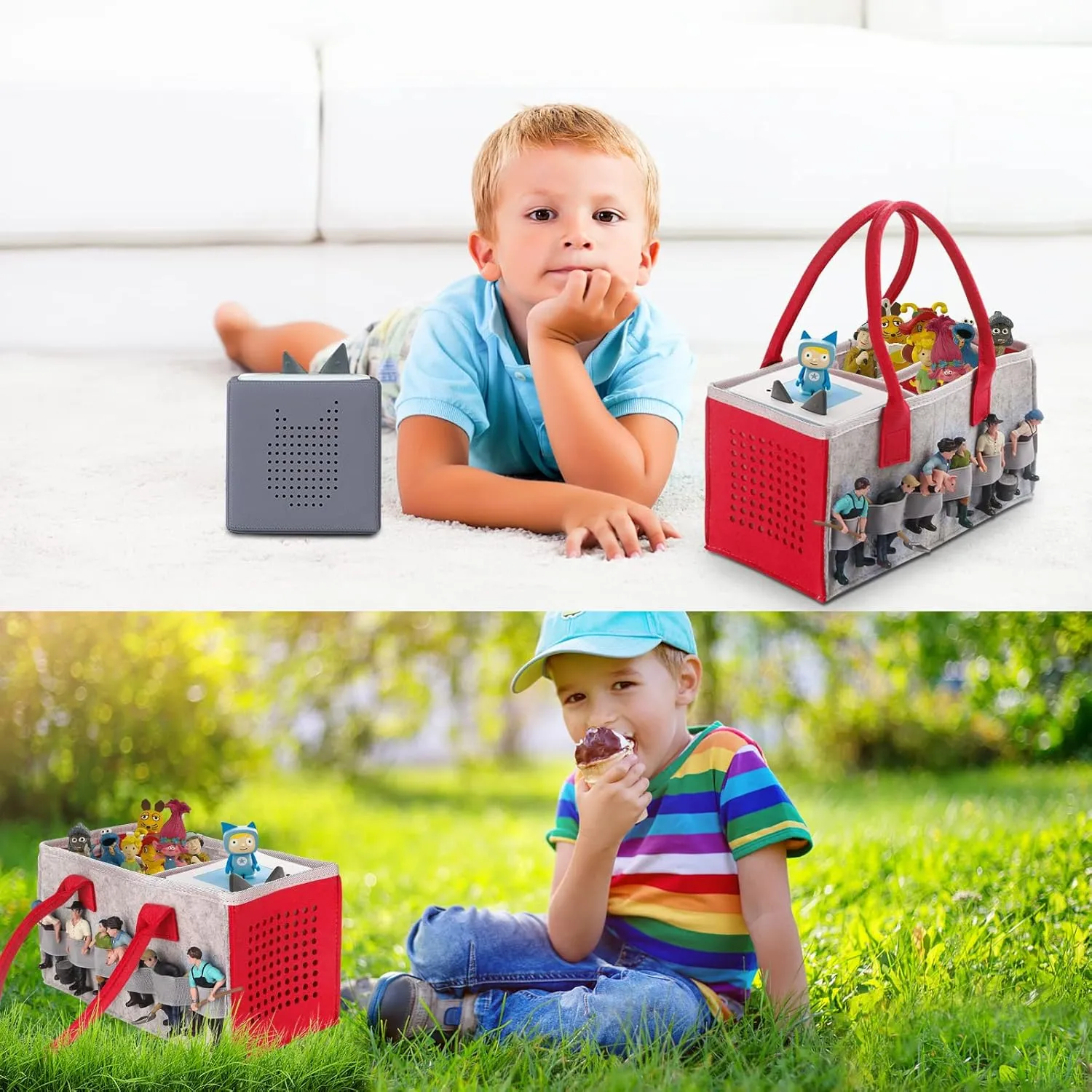 Carrying Bag Case for Toniebox Starter Set and Tonies Figurines, Home Outdoor Hand Storage Travel Felt Bag for Toniebox Accessories Protective Cover Organiser (Gray Red)