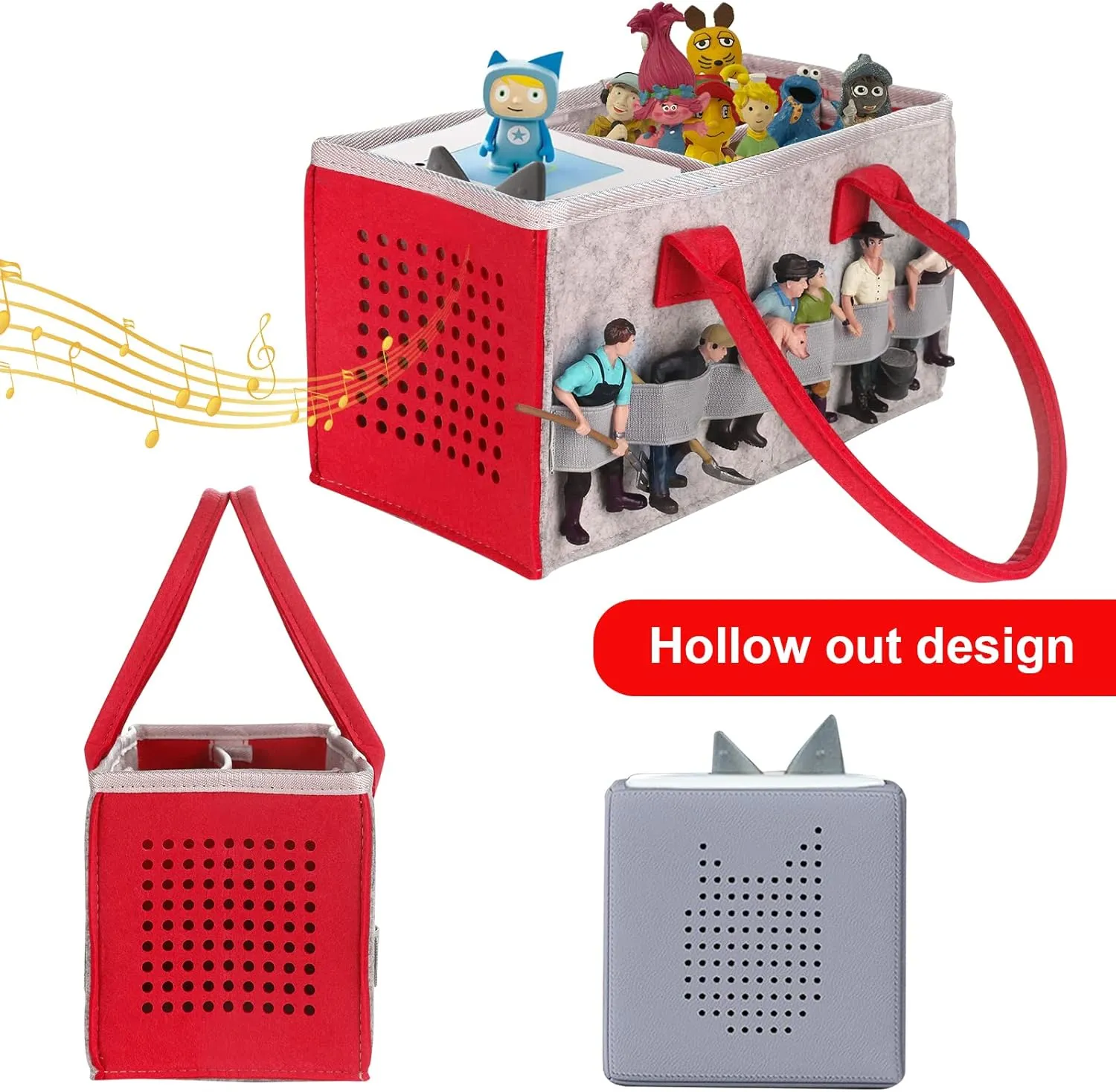 Carrying Bag Case for Toniebox Starter Set and Tonies Figurines, Home Outdoor Hand Storage Travel Felt Bag for Toniebox Accessories Protective Cover Organiser (Gray Red)