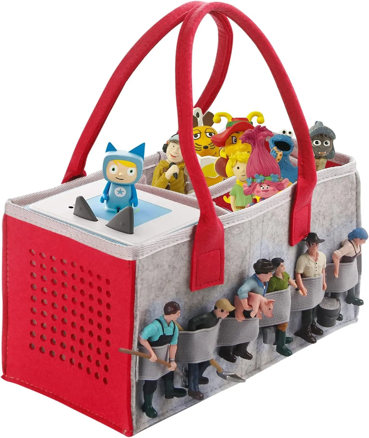 Carrying Bag Case for Toniebox Starter Set and Tonies Figurines, Home Outdoor Hand Storage Travel Felt Bag for Toniebox Accessories Protective Cover Organiser (Gray Red)