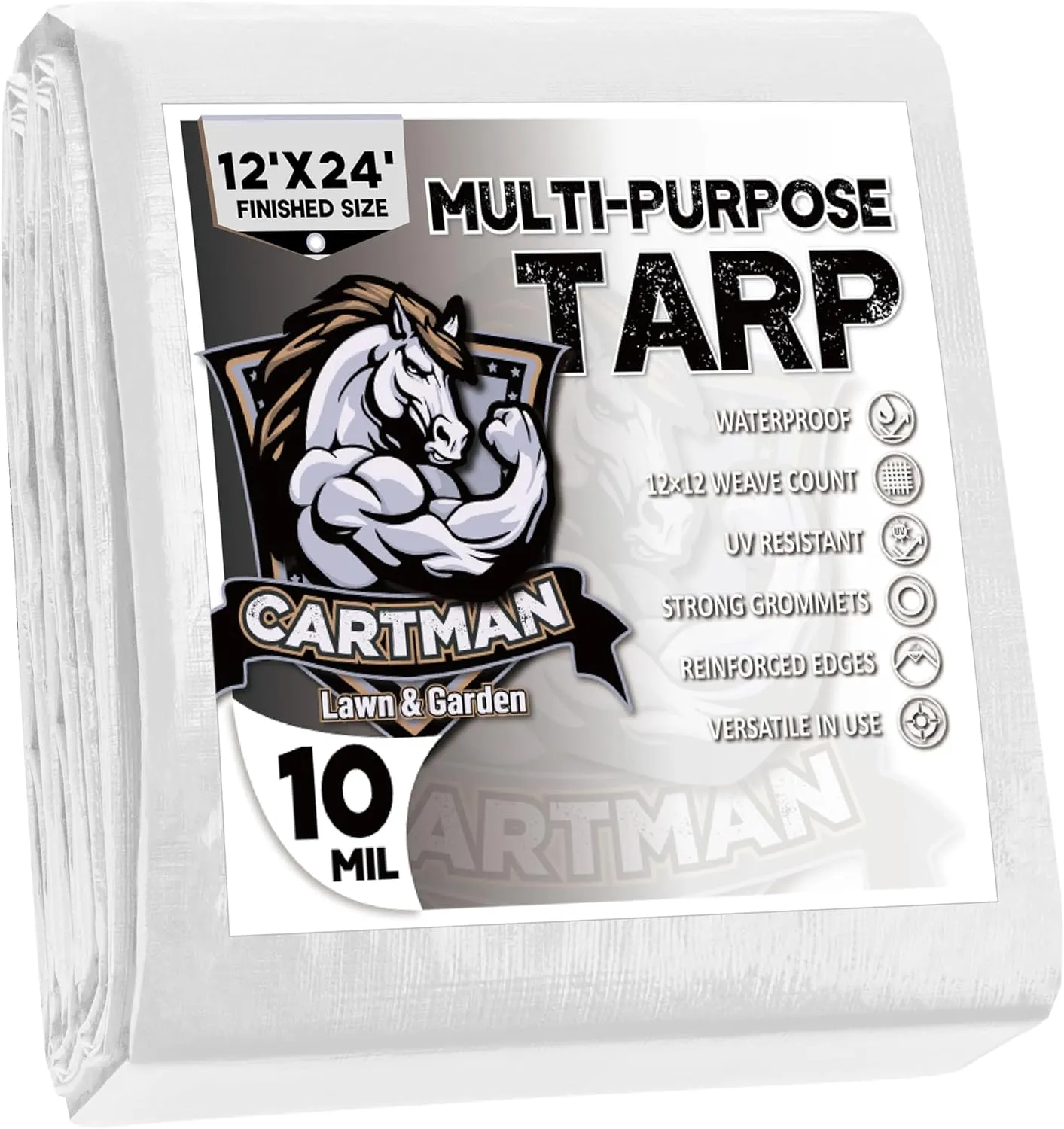 CARTMAN Finished Size 12x24 Feet 10 Mil White Heavy Duty Poly Tarp, Multipurpose Protective Cover, UV Resistant, Waterproof Poly Tarpaulin with Reinforced Edges Tarpaulin with Reinforced Edges